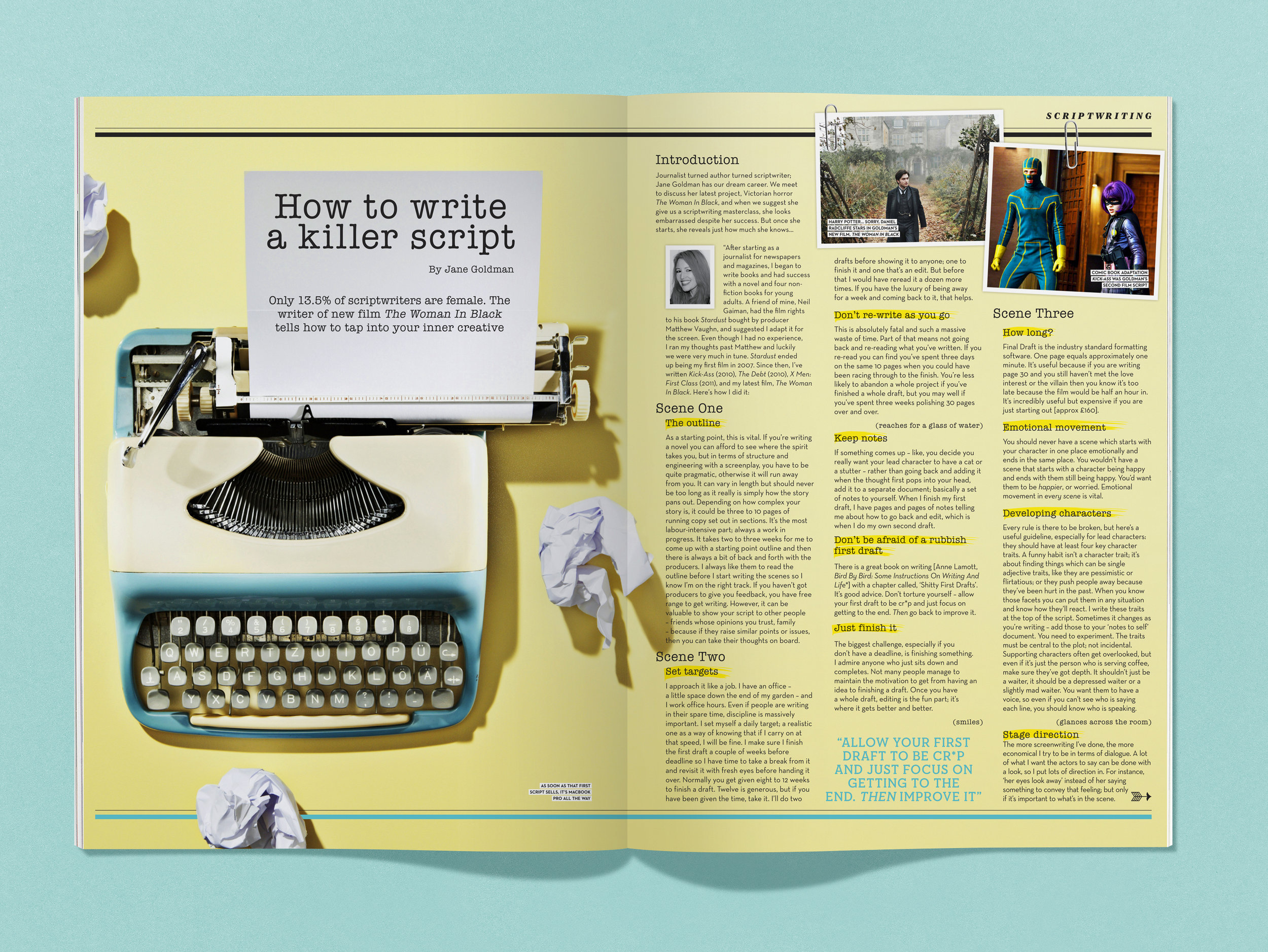 Typewritten headline and body copy type set as if it were a script, for a feature on scriptwriting.
