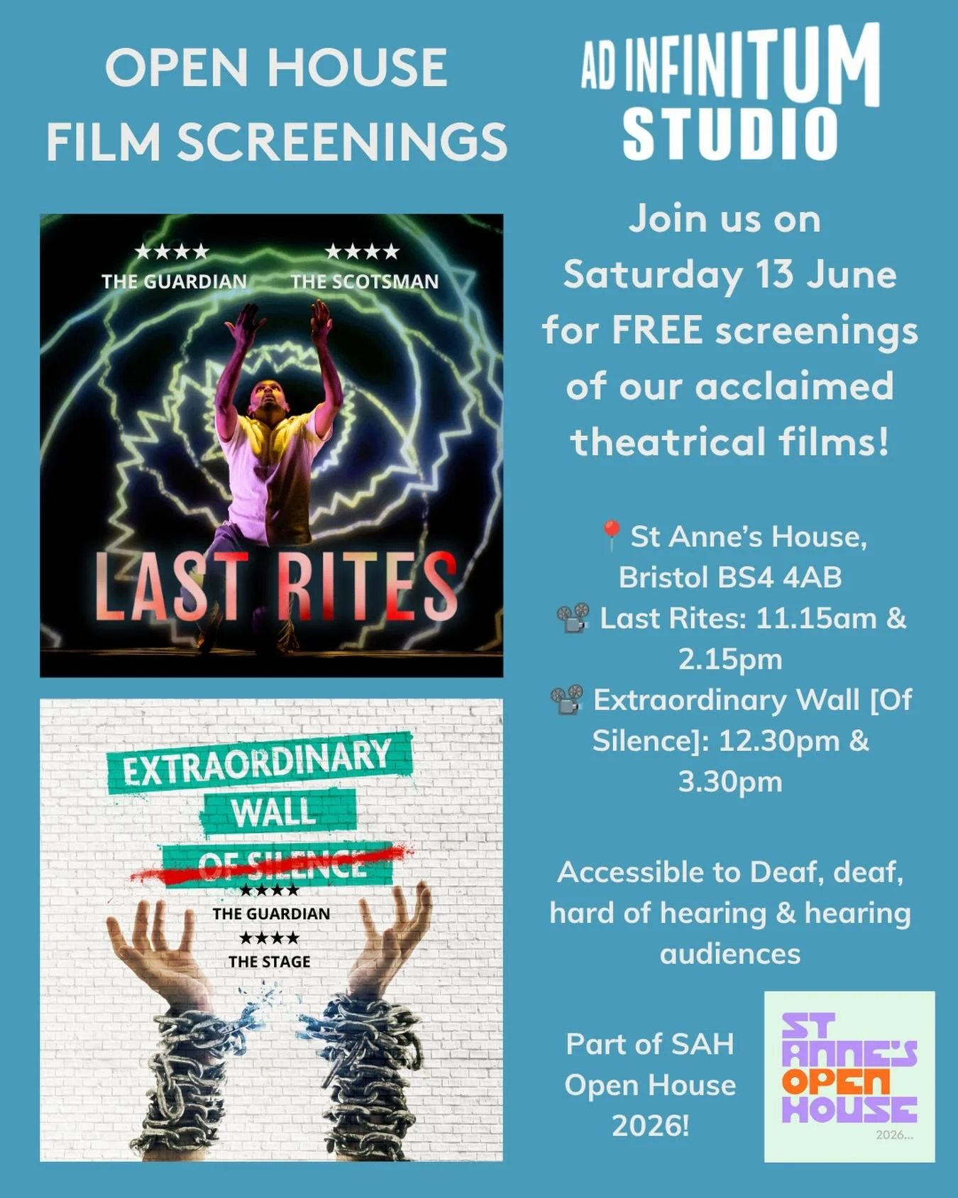 🎬 Two extraordinary stories. One open invitation.

Saturday 13 June is Open House at @bricksbristol and we we&rsquo;ll be sharing film screenings of our shows Last Rites and Extraordinary Wall of Silence &ndash; two powerful productions that place D