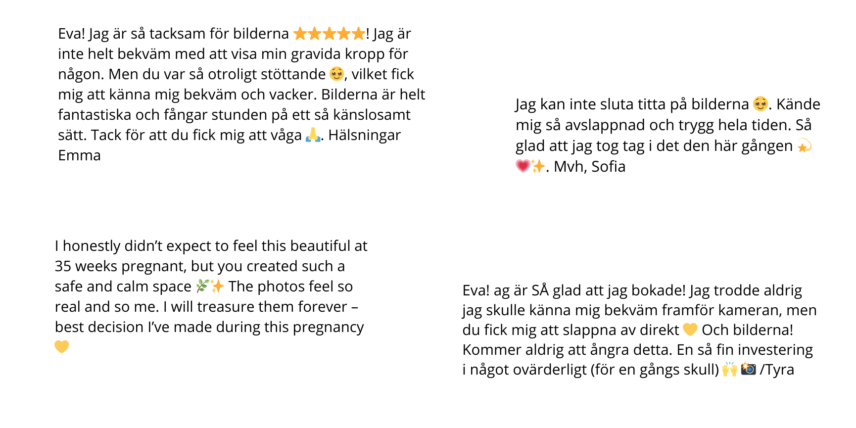 Samling av meddelanden på svenska och engelska, tackar för fotograferingen hos Odd brown bird, uttrycker glädje och stolthet, ses som textblock.