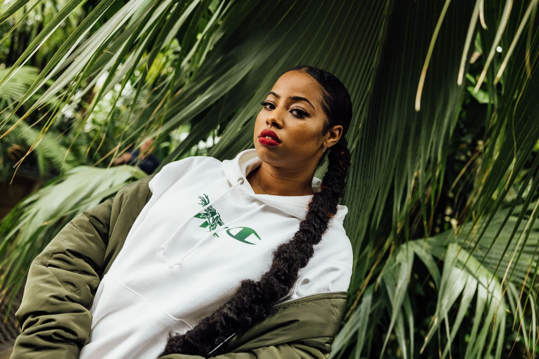 Contemporary streetwear portrait in Kew Gardens wearing FNATIC