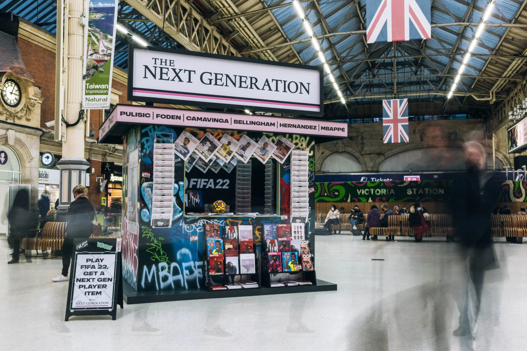 Brand activation photography of FIFA newsbooth at Victoria Station