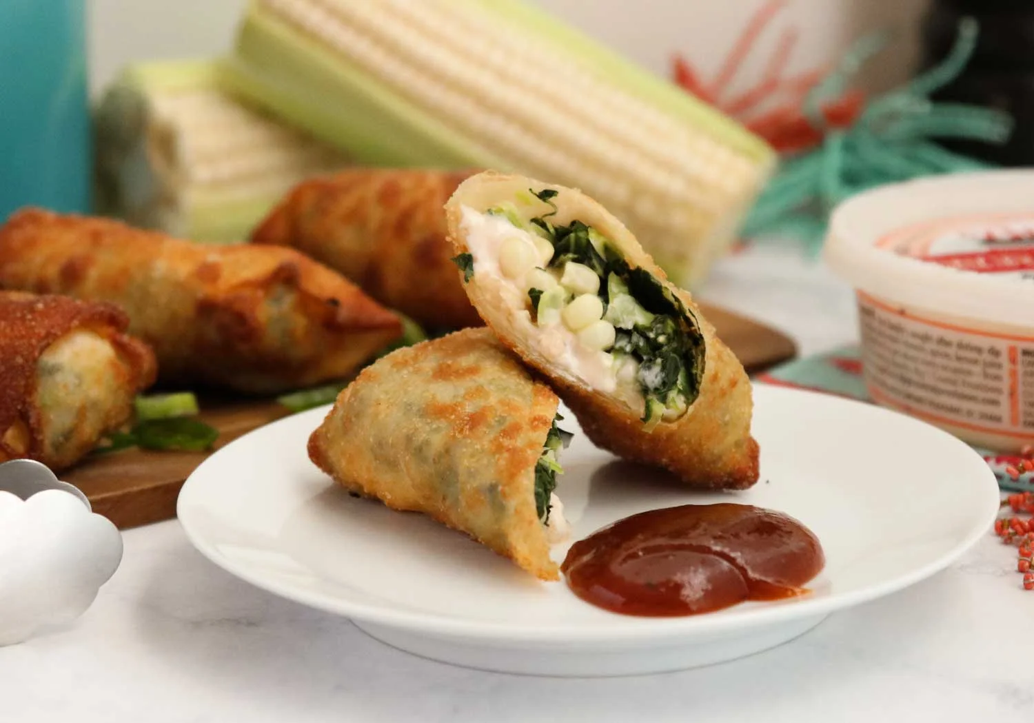 Shrimp Egg Rolls with Collards and Sweet Corn