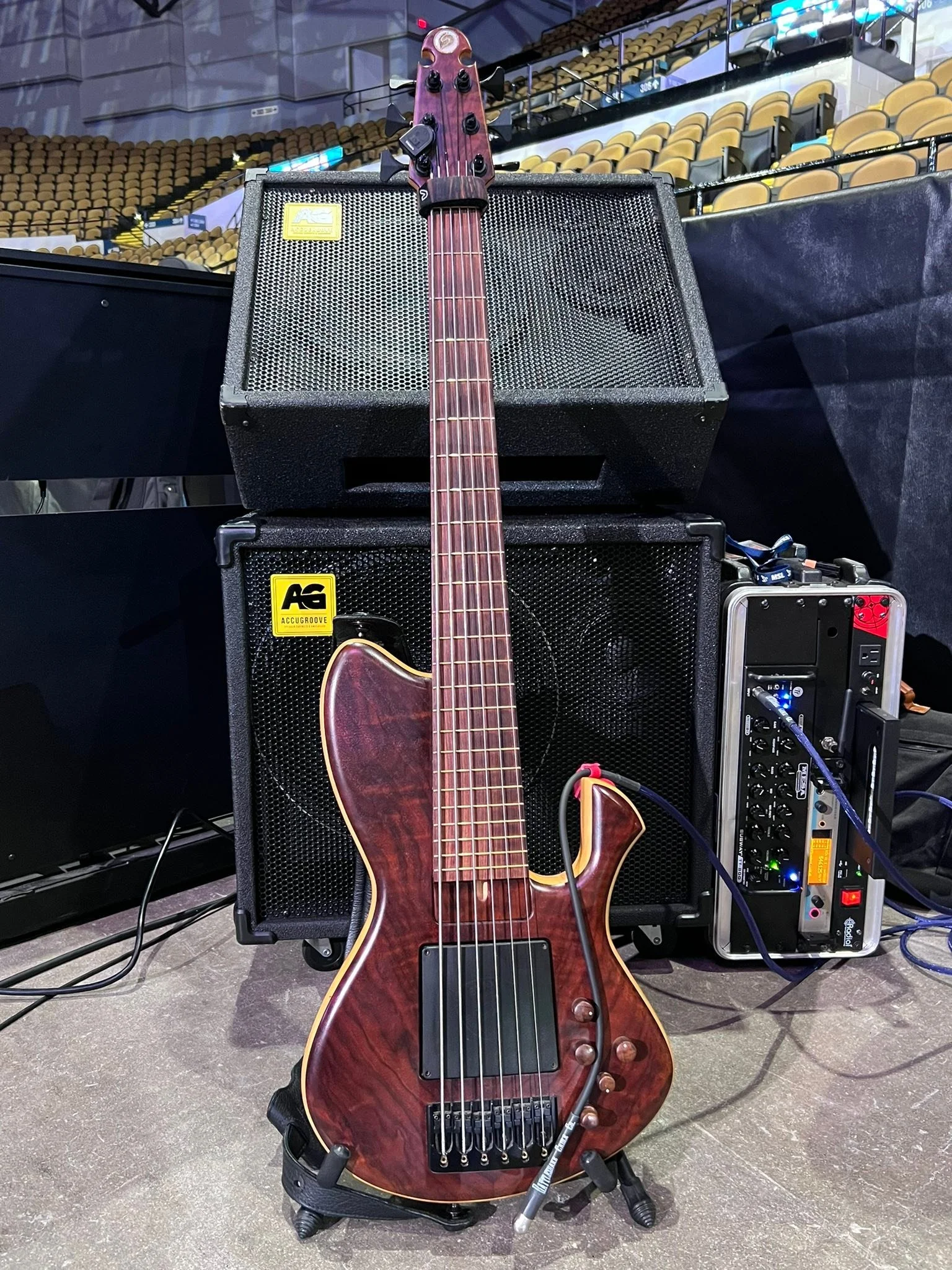 Part of the setup for the 51st Biennial Music Festival. Not pictured- baton, music scores, and conducting 100+ kids in the Honors Orchestra when not playing bass. Night two is May 7 at the UW Panther Arena, come on down!
