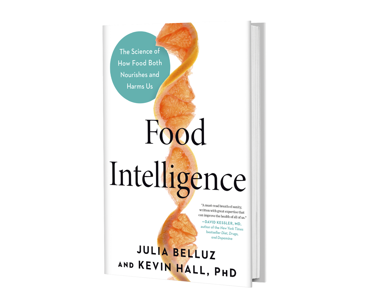Book titled "Food Intelligence" by Julia Belluz and Kevin Hall, with a white cover featuring an image of orange and yellow citrus peels arranged vertically.