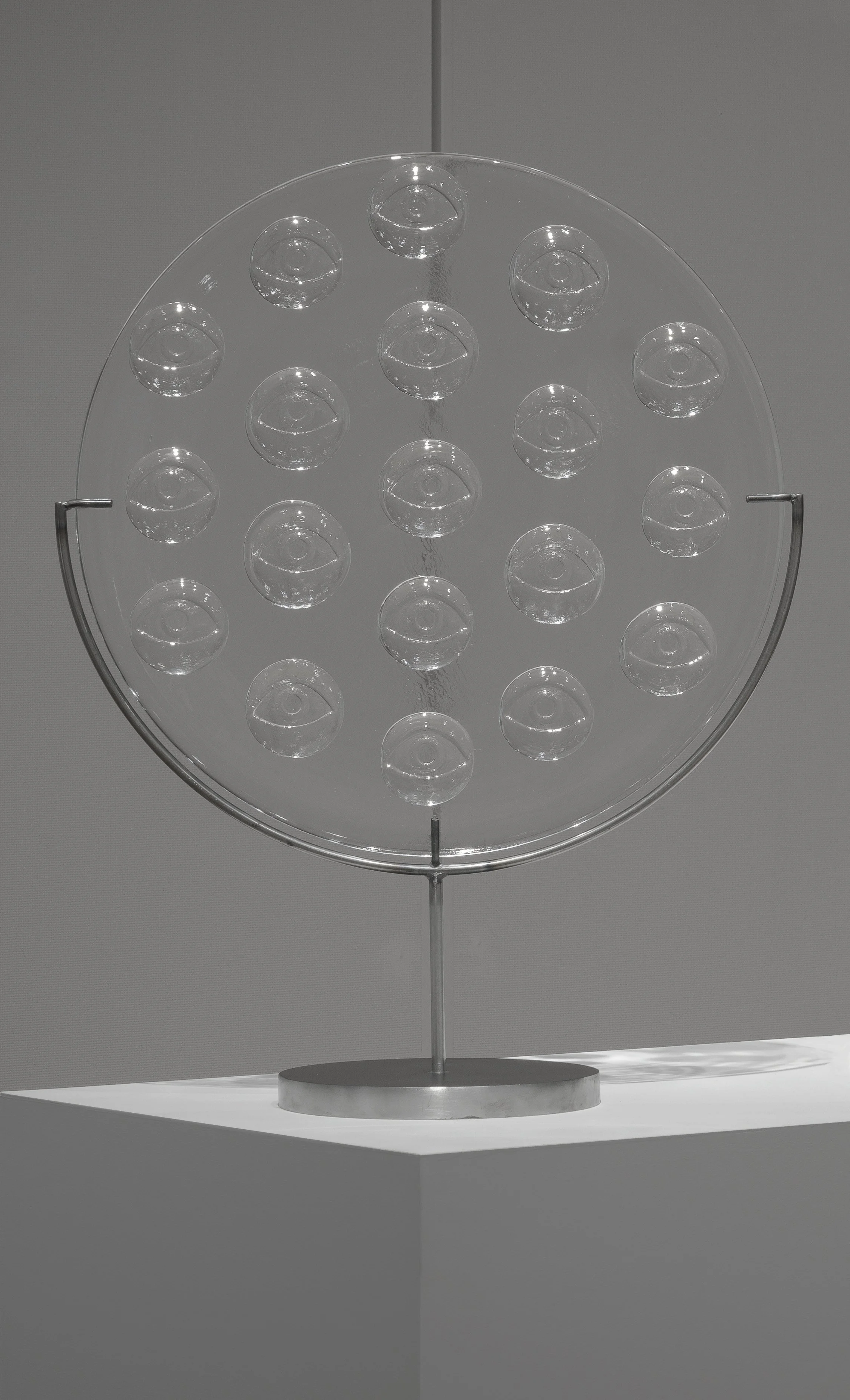   Receiver,  2025, blown and hot formed glass, steel.  The  Receiver  series contends with the idea of layers of perception, the relationship between the conscious and unconscious, and the existence of an omnipresent but imperceptible observer.  The 