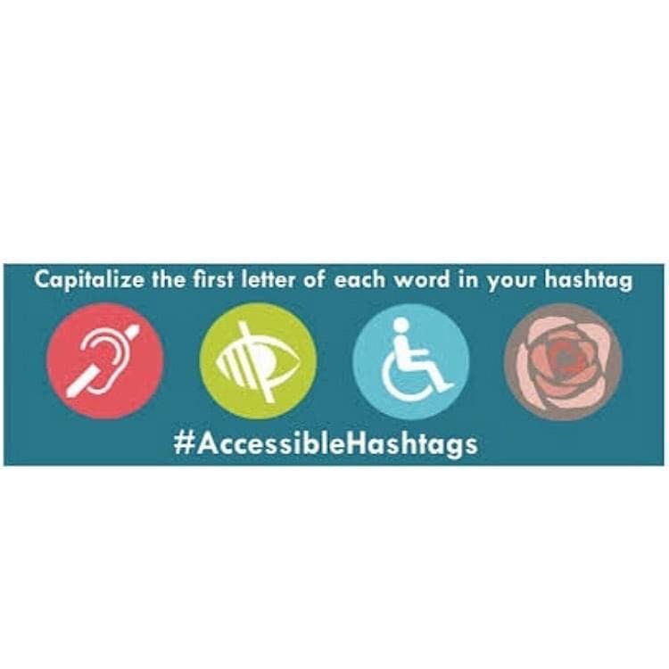 To make your hashtags more #accessible, capitalize the first letter of each word. 

#Accessibility #Accessible #AccessibilityMatters #Disabled #Disability #DisabilityAwareness

Image description: Accessibility logos and the hashtag #AccessibleHashtag