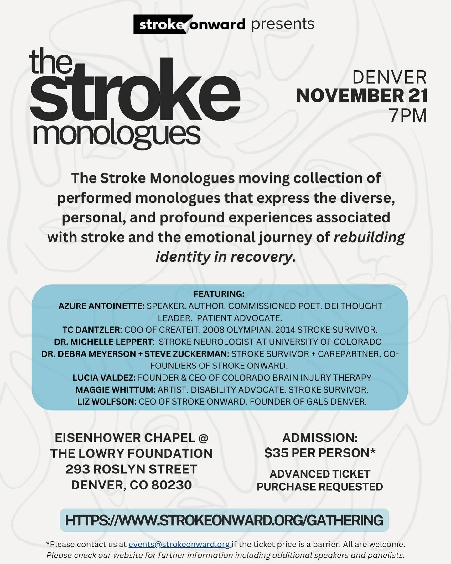 Documentary subject @maggiewhittum is excited to be speaking at this @strokeonward event on Thursday November 21!

THE STROKE MONOLOGUES

The Stroke Monologues is a moving collection of performed monologues that express the diverse, personal, and pro