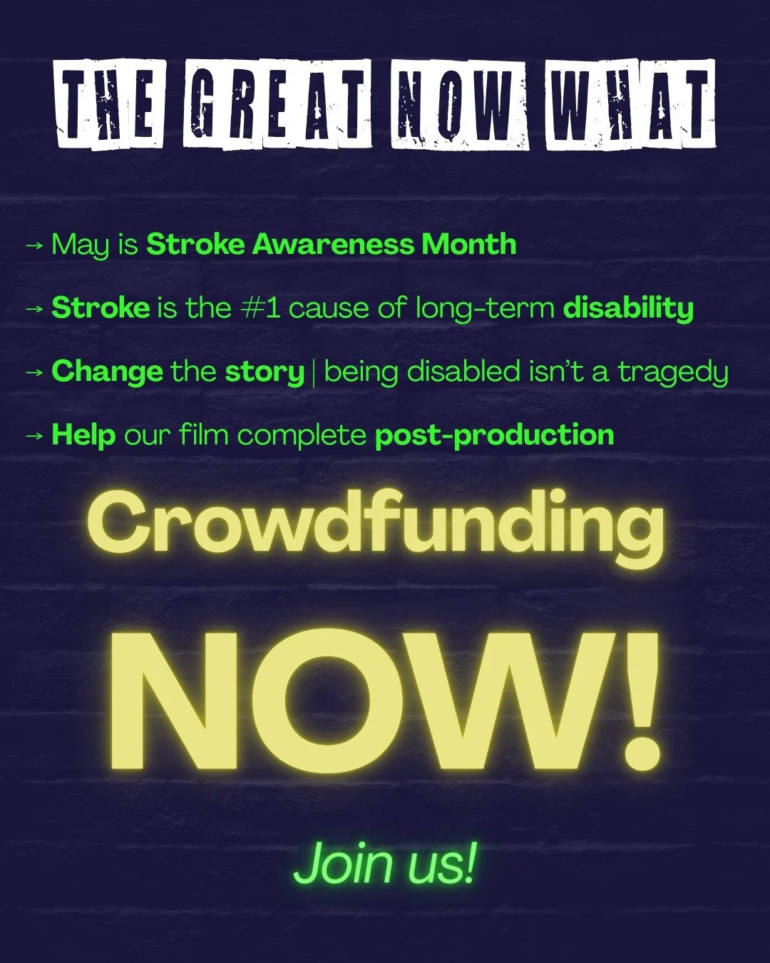 🎉 We are crowdfunding NOW! JOIN US! 🎉

Our film is nearly complete!

May is Stroke Awareness Month and we start crowdfunding for post-production TODAY!

30 days to raise $50,000!

We would really love your support as we near the finish line for The