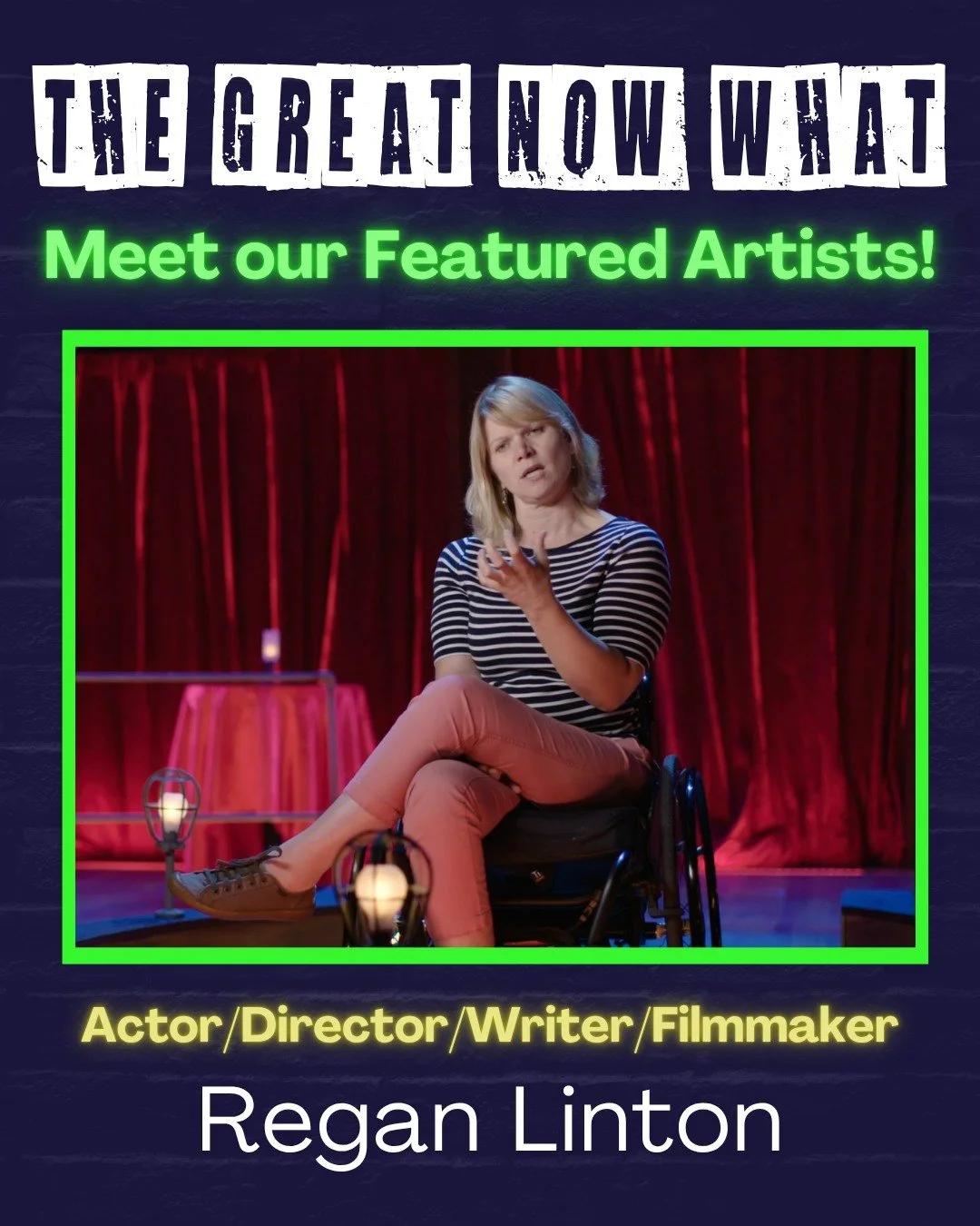 🎉Meet Featured Artist Regan Linton! 🎉

Regan Linton, MSW, MFA, is a multi-genre creator, writer, actor, director, and internationally-recognized leader in the arts, specializing in disability aesthetics and accessible design. Regional acting includ