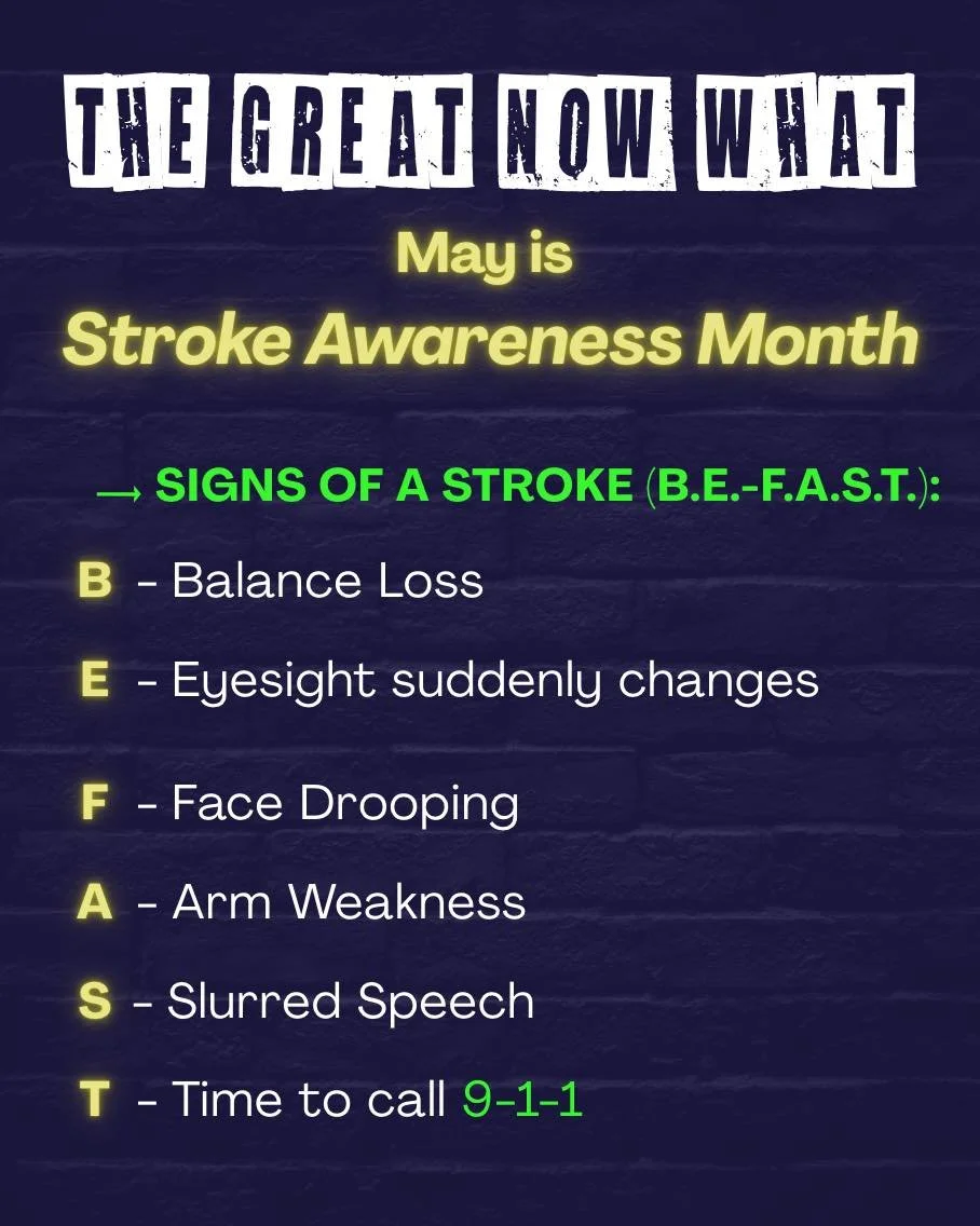 MAY is #StrokeAwarenessMonth ! Check out these crucial stroke signs:

B.E.-F.A.S.T.

B- Balance Loss 
E- Eyesight suddenly changes
F- Face Drooping
A- Arm Weakness
S- Slurred Speech
T- Time to call 9-1-1

Crowdfunding NOW - our film will humanize the