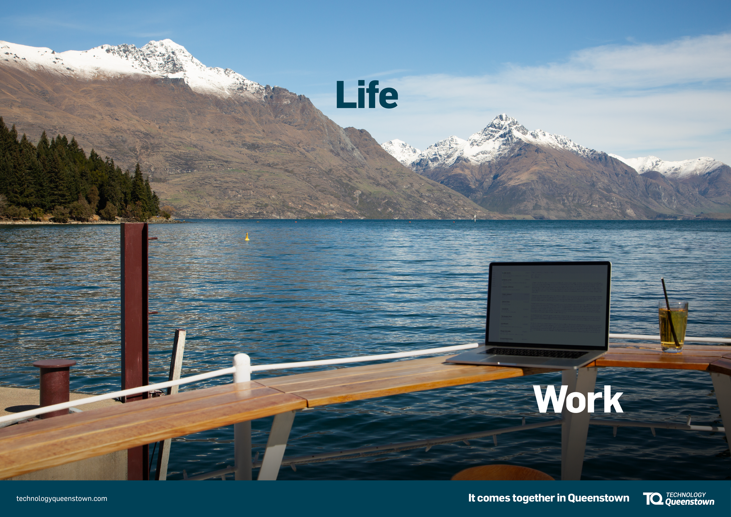  Queenstown in New Zealand is fast emerging as a global hub for tech innovation, where ambitious work meets an outdoor lifestyle like nowhere else. We created a campaign to bring this to life in a simple, graphic way. Each execution pairs Work and Li