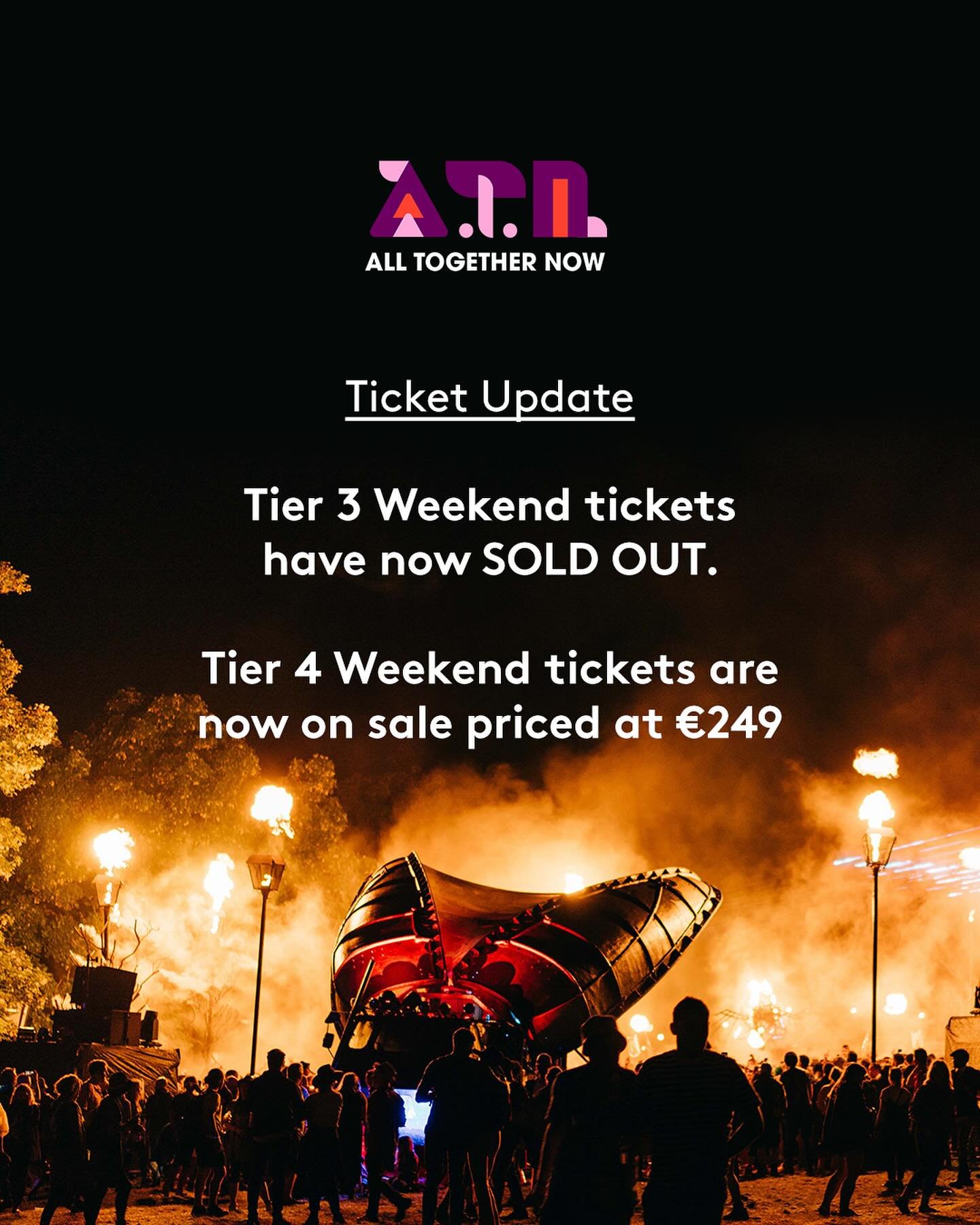 🚨 Ticket Updates 🧡💕

Tier 3 Weekend tickets have now SOLD OUT and all family tickets are running low!

Tier 4 Weekend tickets are now on sale priced at &euro;249 🎟️ 

Did you know? You can also pay with Klarna and get your ticket to #ATN24 for 3 