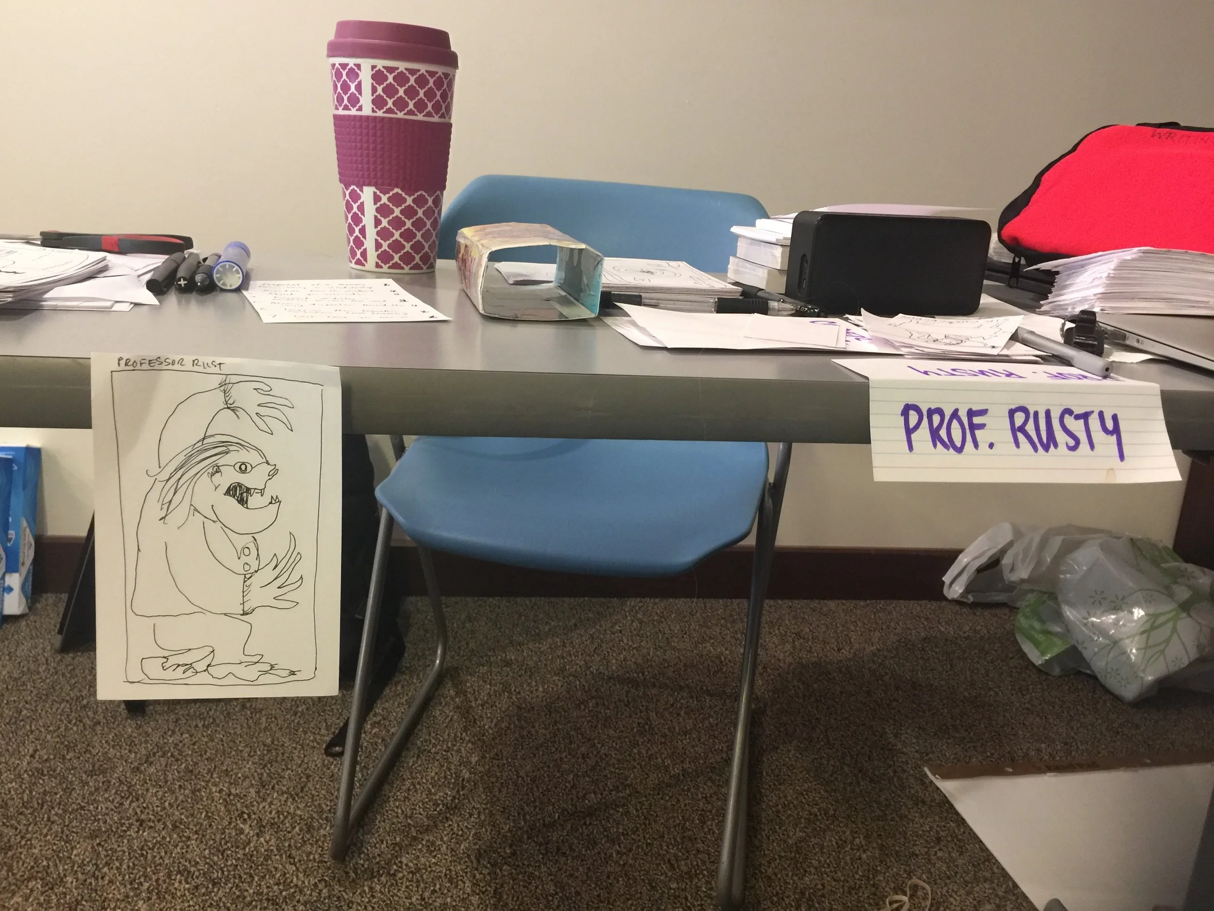 The desk of Clarion 2017 Week 1 co-instructor Dan Chaon, aka Professor Rusty