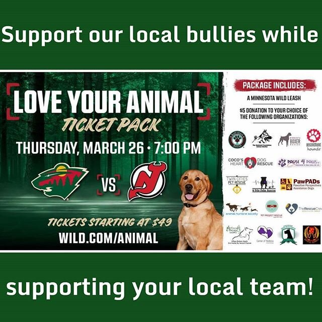 Calling all dog-loving Wild fans!🏒🌲 Check out this AWESOME deal! Tickets are being sold for the Wild/Devils game on 3/26 that include a MN Wild leash for the pup in your life, as well as a $5 donation to the rescue of your choice from the list abov