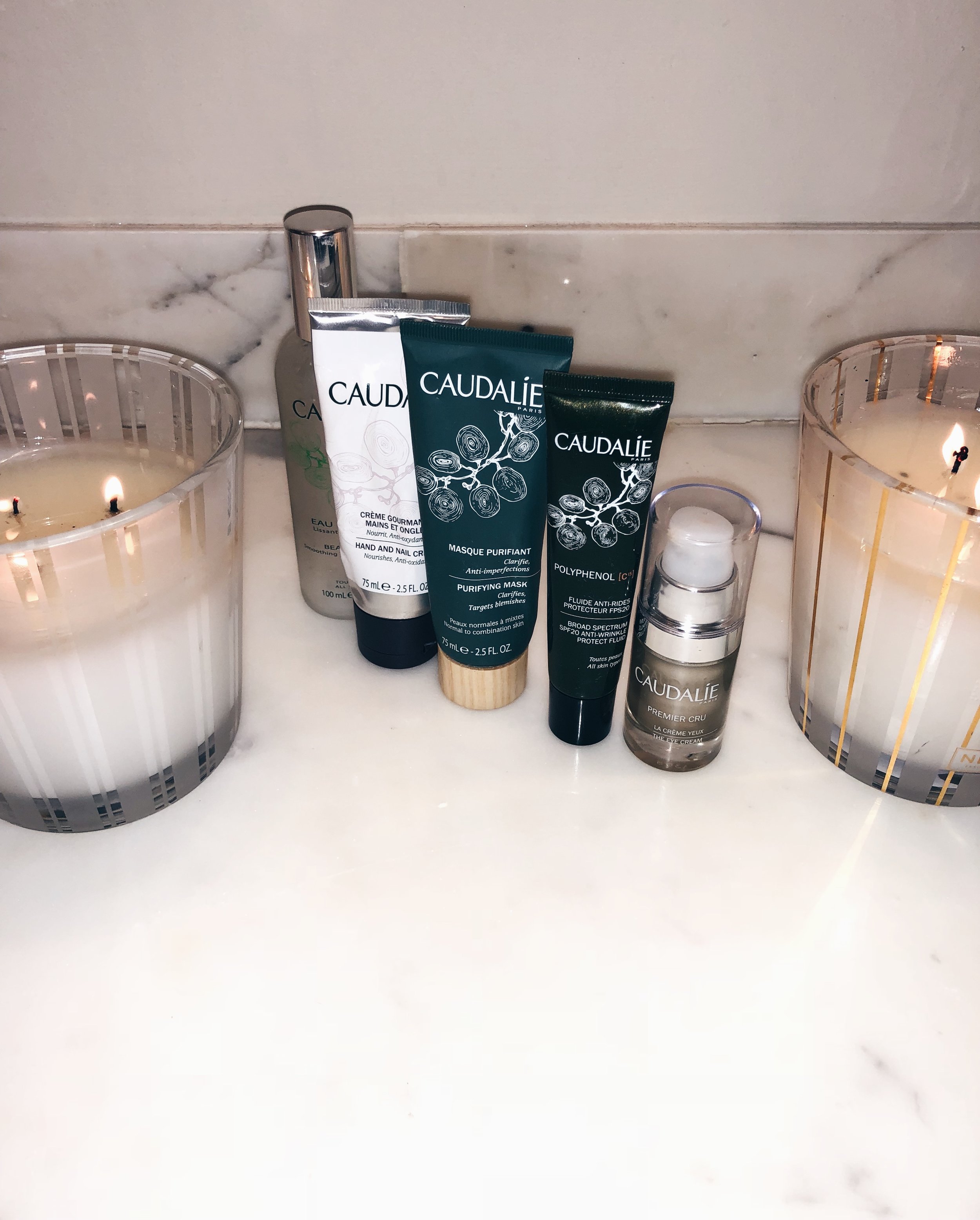 Products from Left to Right. Click Names to shop through link... 1. CAUDALIE: Beauty Elixir 40oz , Beauty elixir 18oz ... I recommend the big 40 oz but the 18oz is good for travel or as a first time sample. 2. CAUDALIE: Hand and Nail Cream 3. CAUDALIE: Purifying Mask 4. CAUDALIE: Polyphenol SFP 20 Moisturizer. .. discontinued unfortunately such a good product but the Moisturizing Sorbet Cream is just as Good. 5. CAUDALIE: Premier Cru Eye Cream