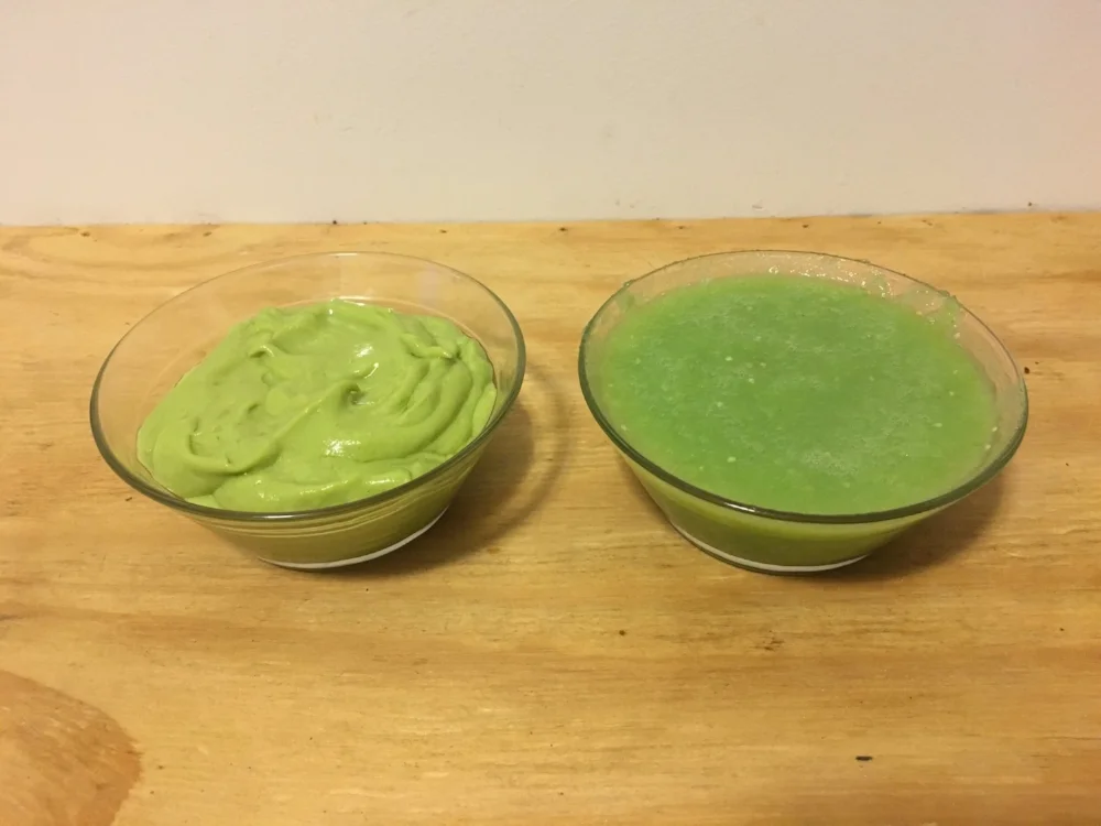 Avocado coconut crema on the left, tomatillo salsa on the right