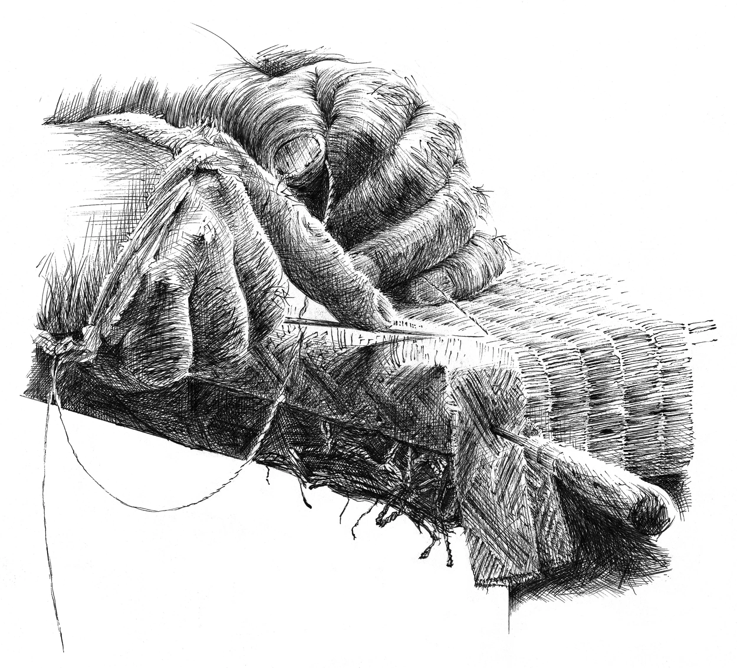 Tatami (straw mat) maker's hands (pen on paper)