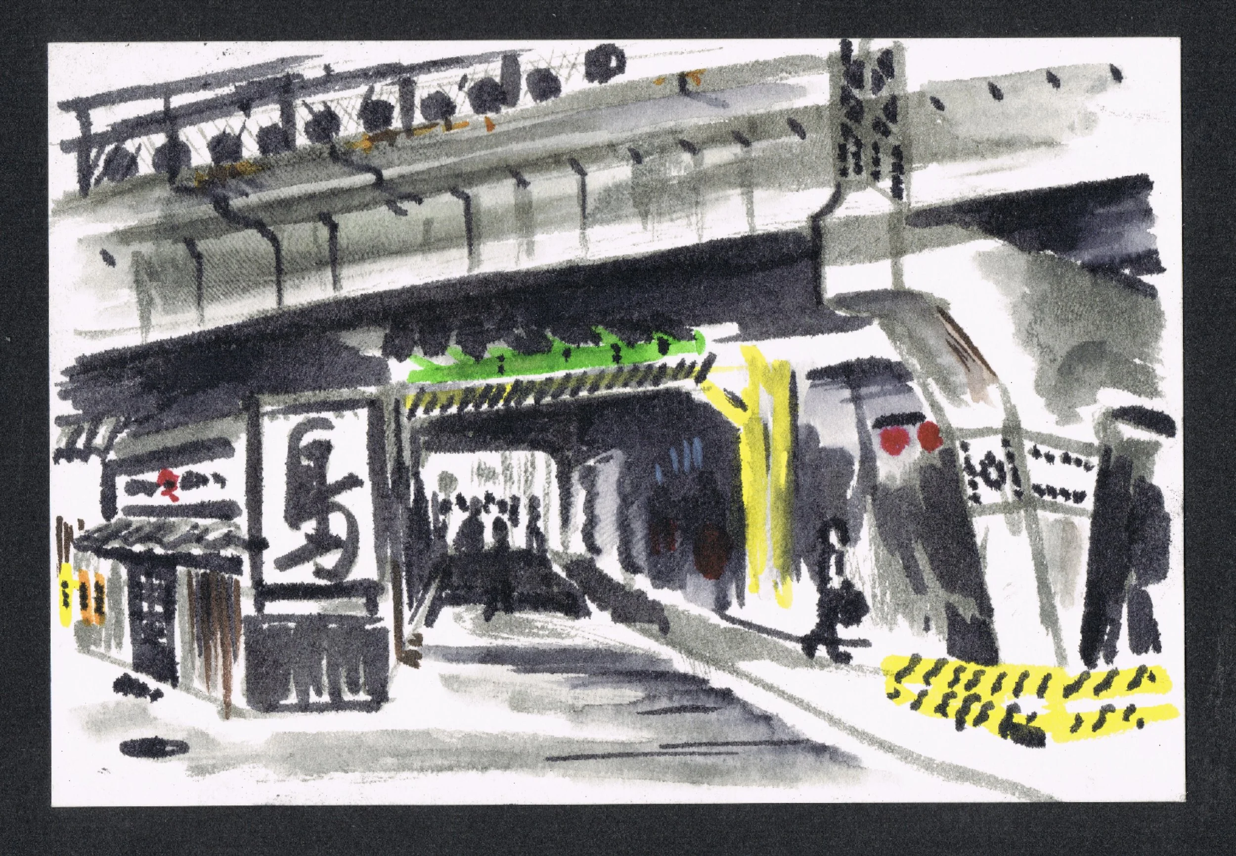 Bullet train flying over yakitori places at Shinbashi Station in Tokyo