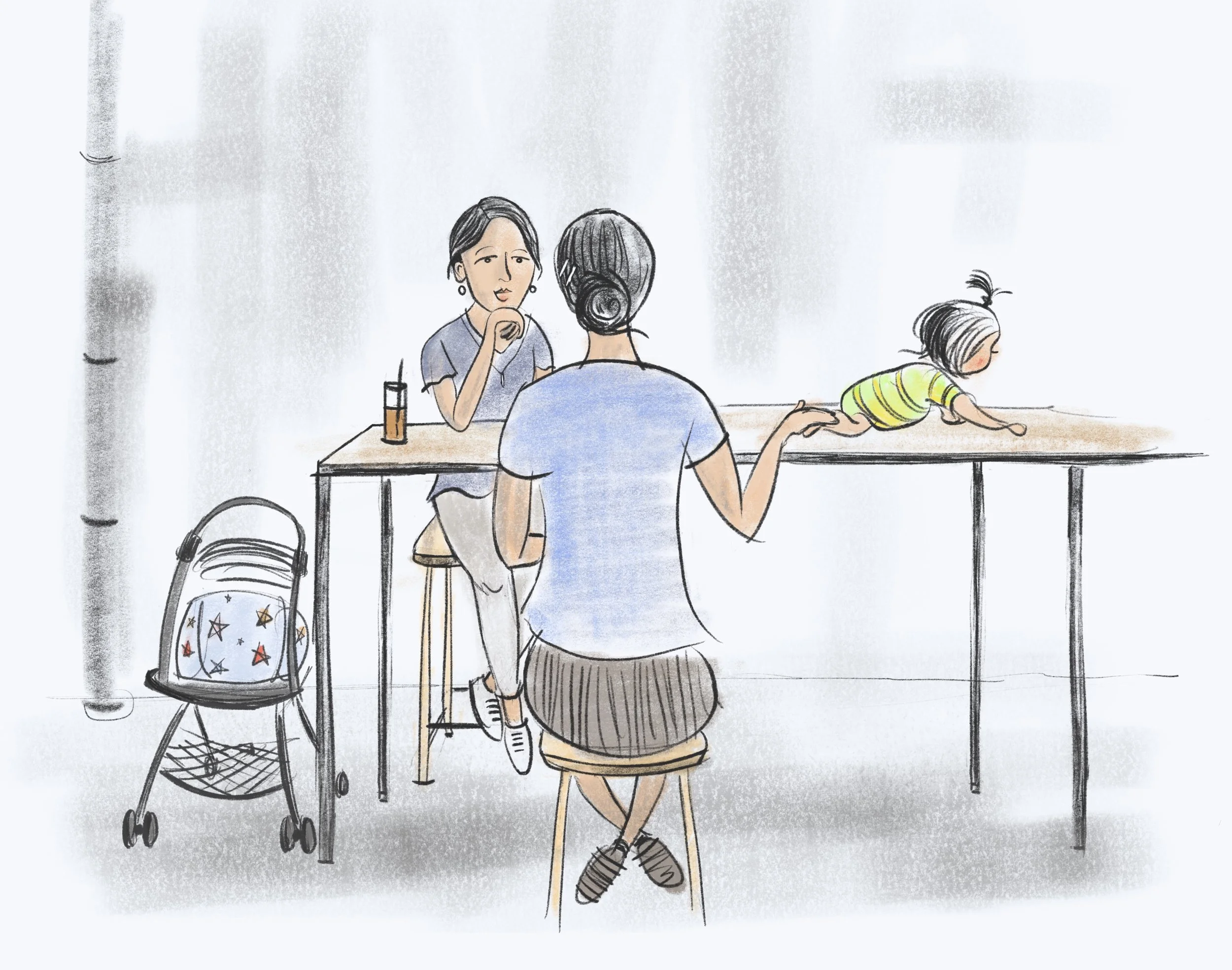 A mum with her tot talking to a friend