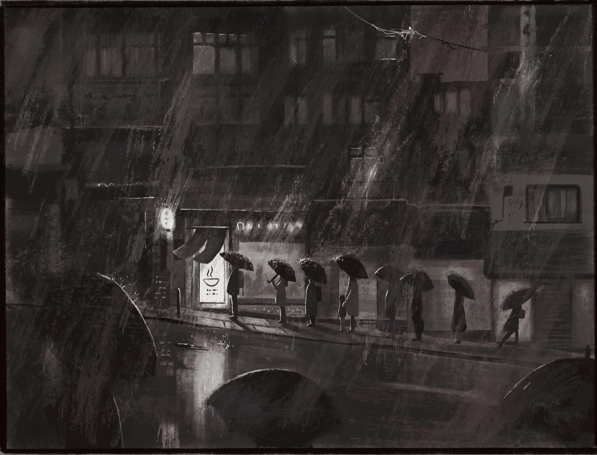 Lining up for ramen in the rain