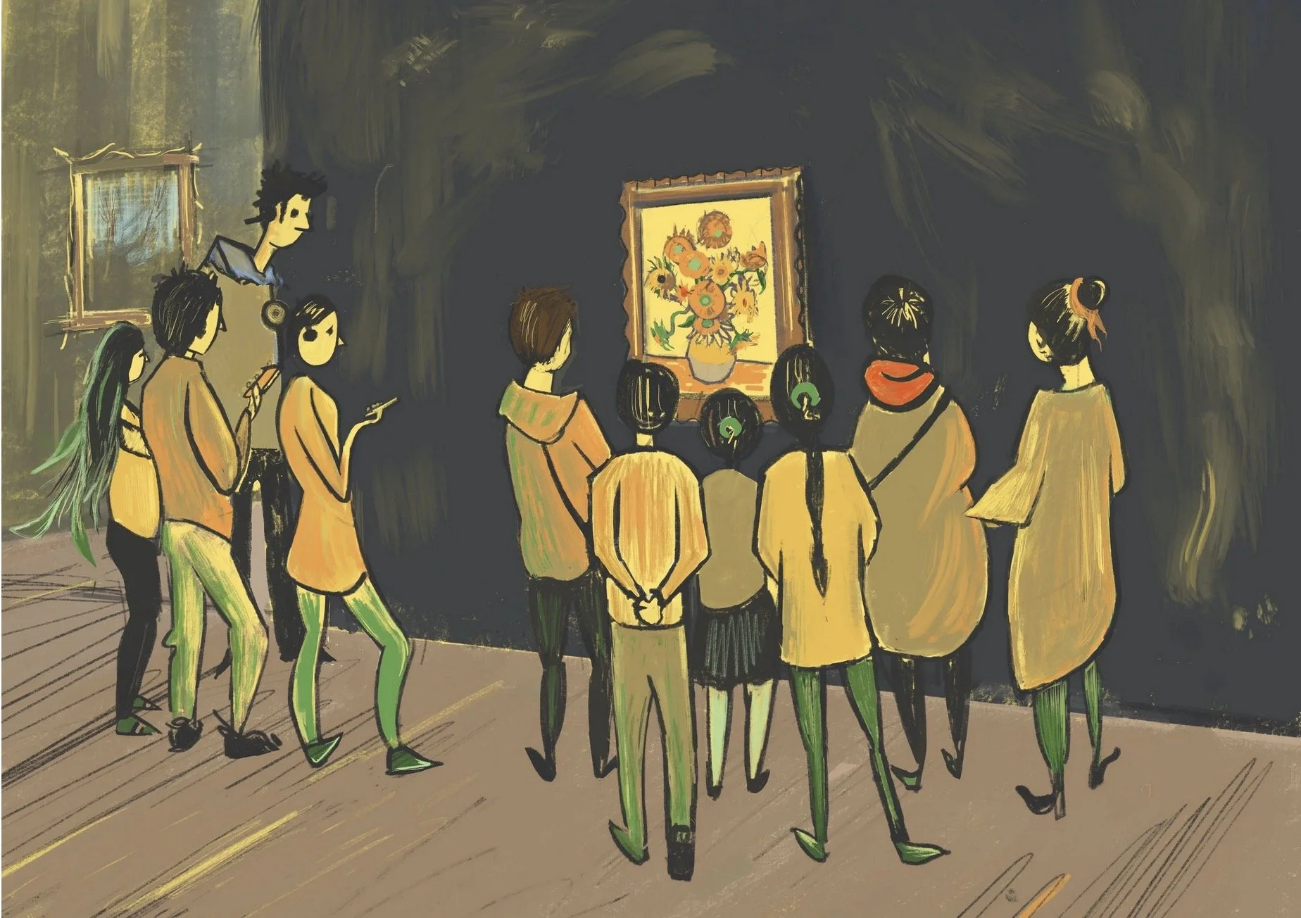 Sketch of people enjoying Van Gogh's sunflowers