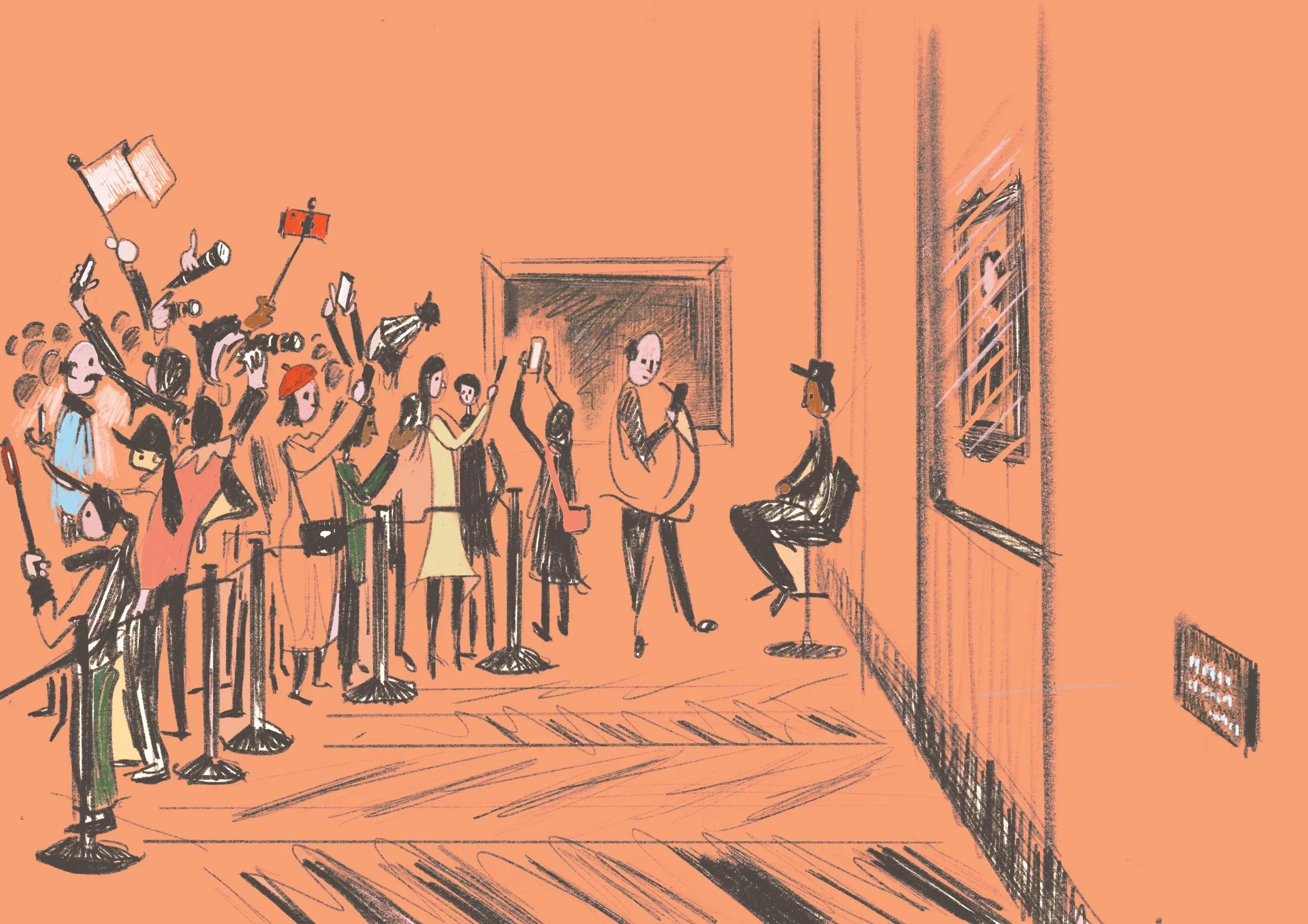 The security guard and people before the Mona Lisa