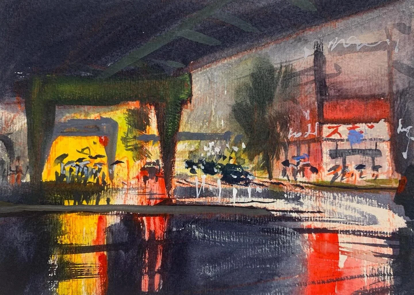 Night sketch of Shinbashi in the rain looking towards Ginza

#Pleinair 
#Tokyo
#Shinbashi
#Japan
#rain
#urban
#taxi
#umbrella
#traintracks
#painting
#holbeinwatercolors 
#新橋 
#雨
#タクシー
#傘
#高架橋
#絵
#ホルベイン
