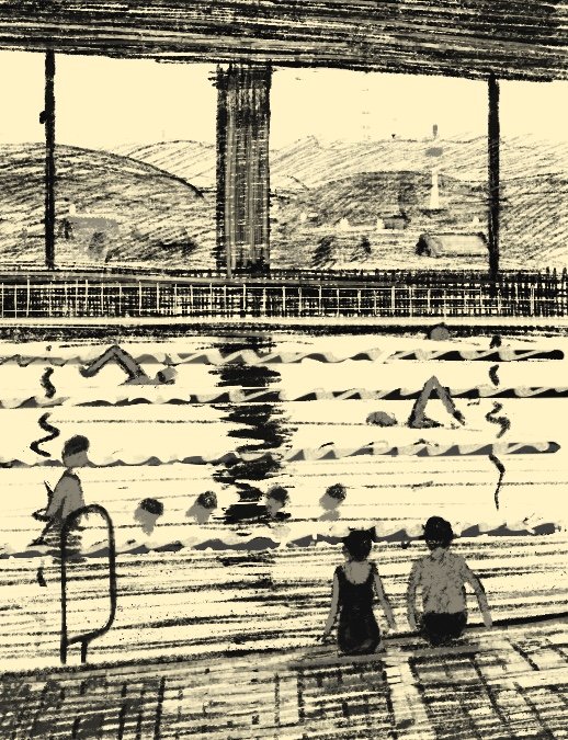 Swimming pool in Kyoto with Kyoto Tower in the background