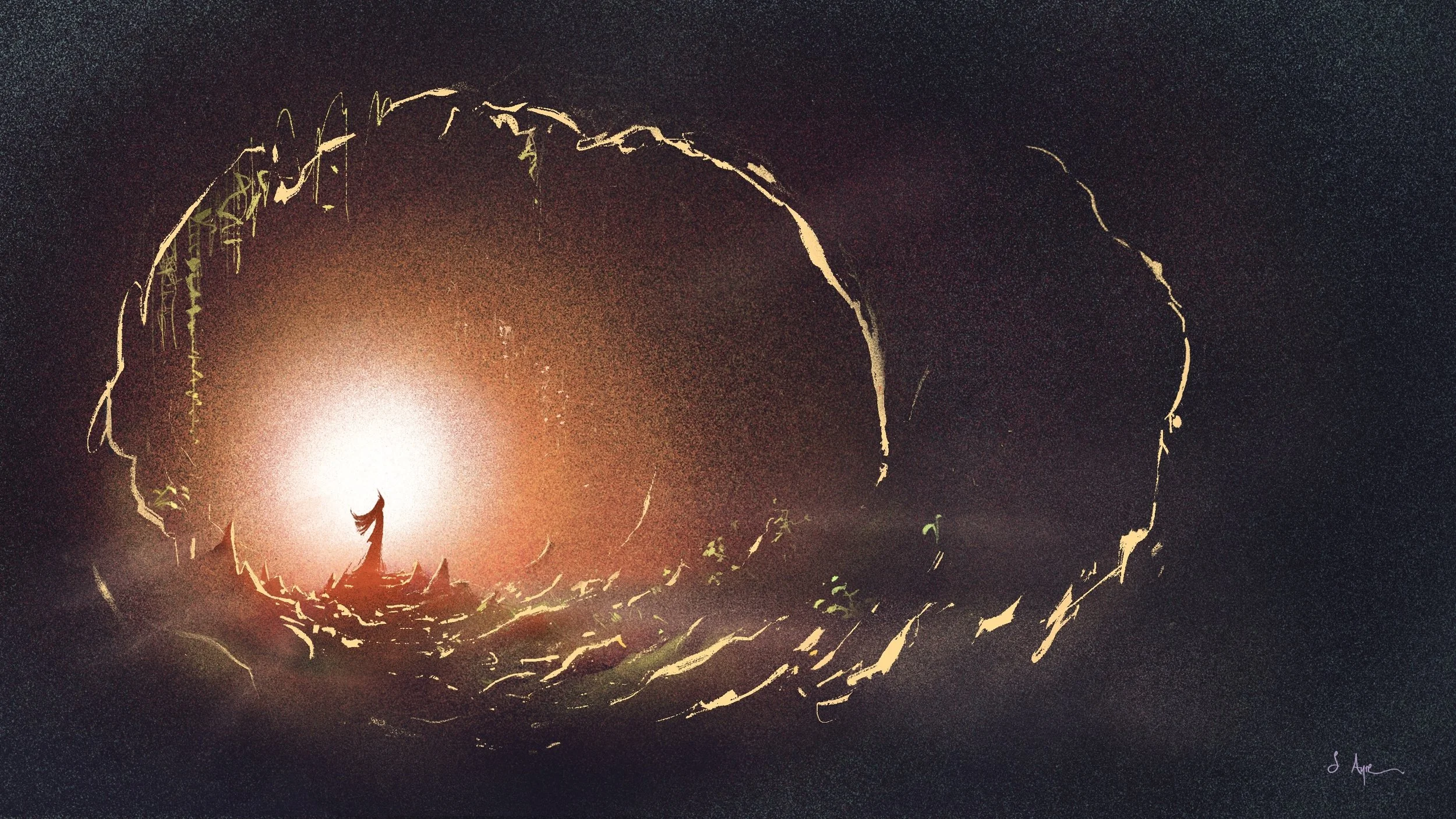  Illustration for Japan's ancient chronicle Kojiki (Japan's sun goddess in a cave)