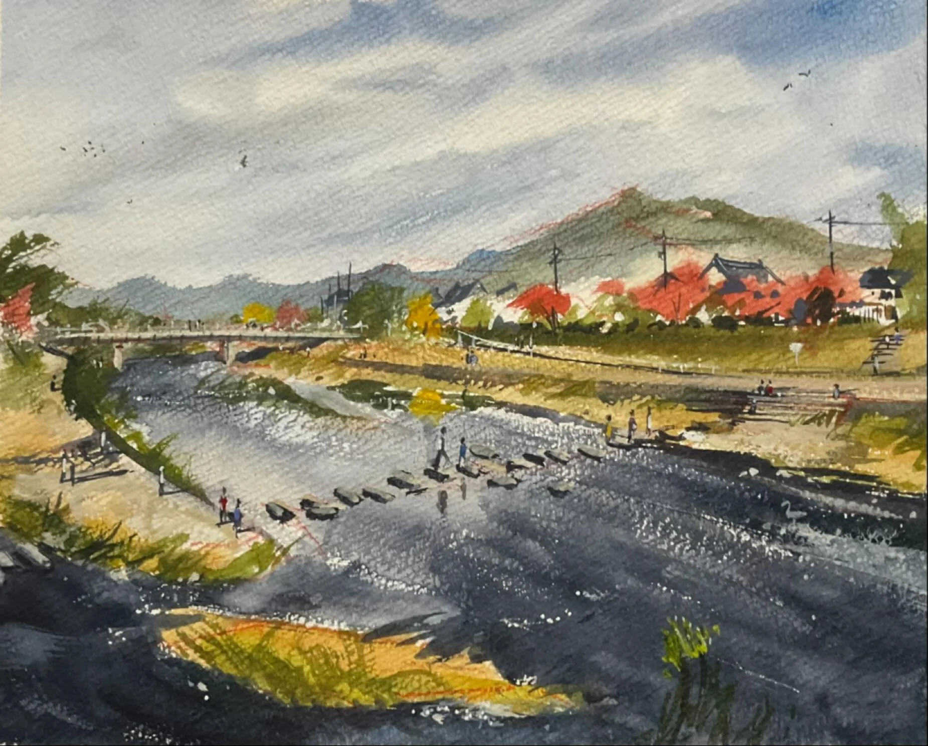 Sketch of the autumn colours at Demachiyanagi in Kyoto
#🍁 #pleinair #watercolor #holbein #Kyoto #Japan #autumn #fall #sketch #river #水彩画 #京都 #秋 #鴨川 #紅葉 #ホルベイン #比叡山 #飛び石