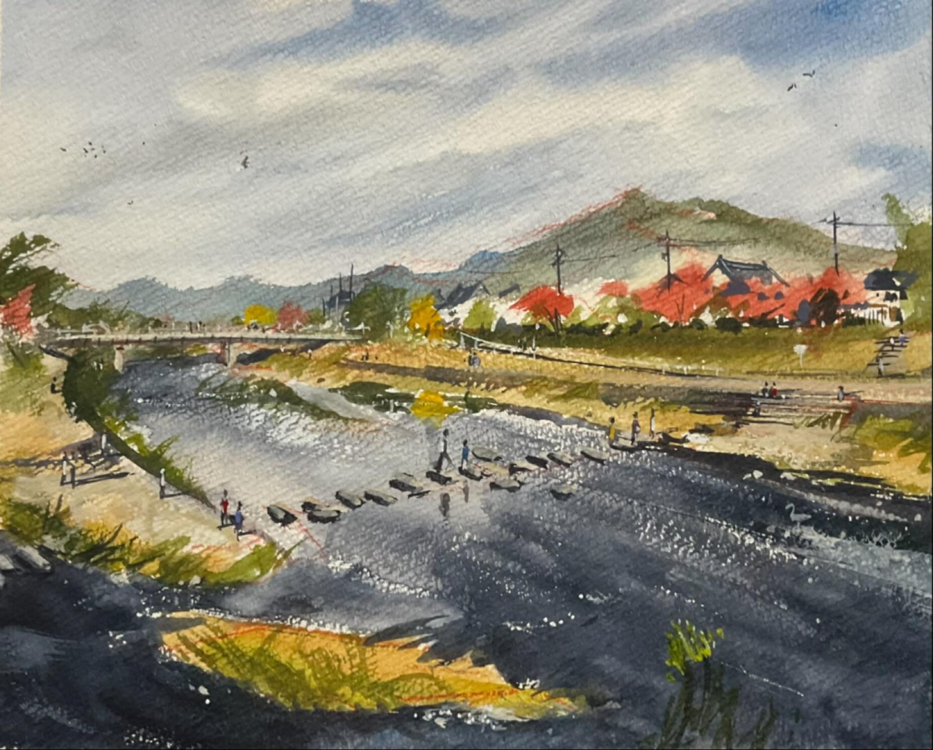 Sketch of the autumn colours at Demachiyanagi in Kyoto
#🍁 #pleinair #watercolor #holbein #Kyoto #Japan #autumn #fall #sketch #river #水彩画 #京都 #秋 #鴨川 #紅葉 #ホルベイン #比叡山 #飛び石