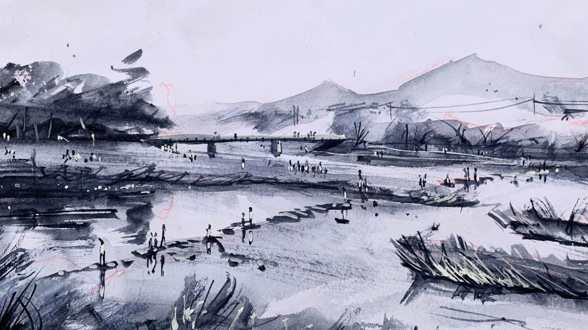 B&amp;W sketch of the stepping stones at Demachiyanagi in Kyoto with Mt. Hiei in the background.
This is down the road from Shōkoku-ji Temple (相国寺), where the Zen monk and ink painter Sesshū (雪舟) trained, so it feels right to paint in B&amp;W around 