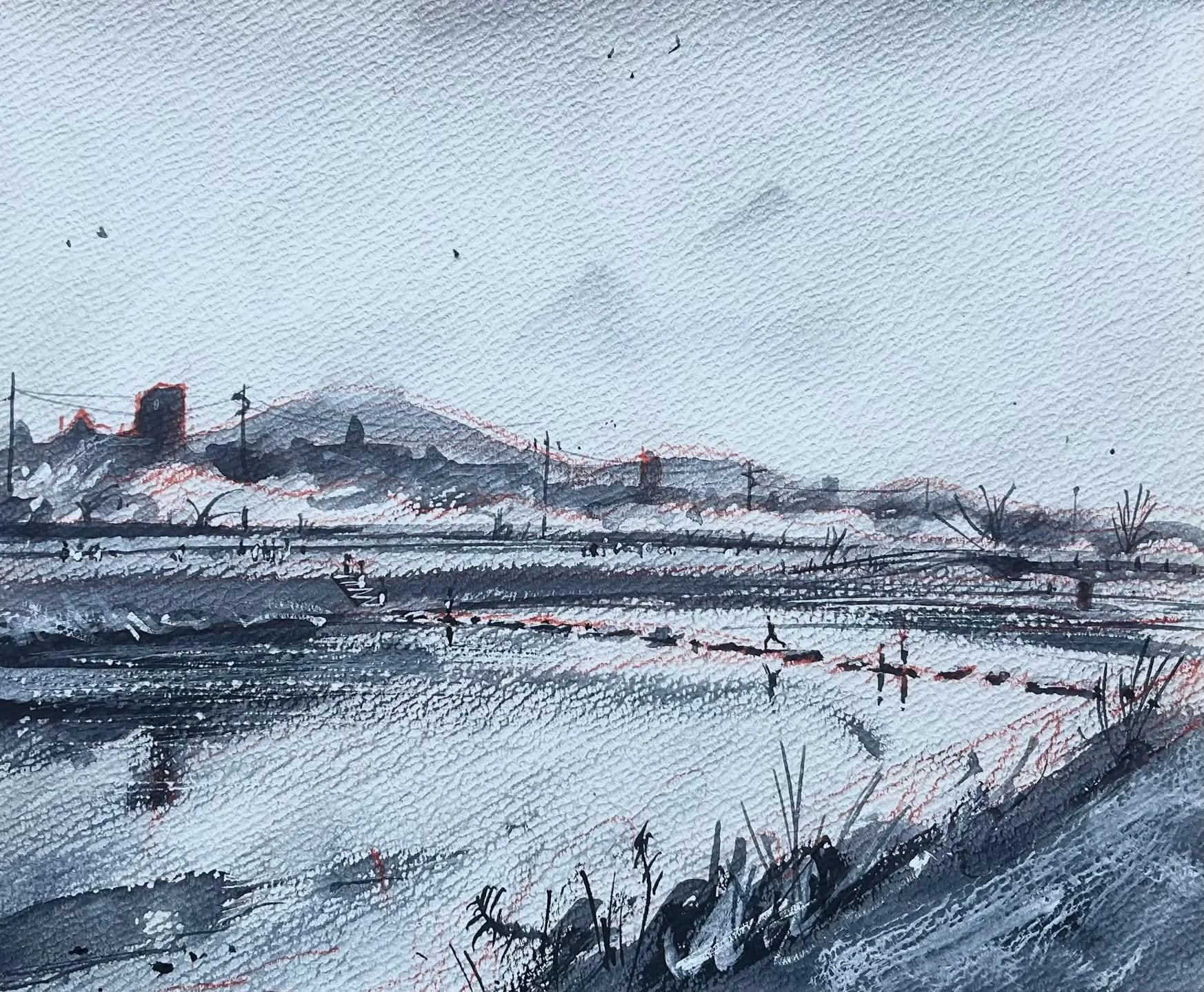 Sketch of the stepping stones in front of the Ritz-Carlton Kyoto
The kid leaping over the stones in the centre was curious about what I was doing, so I painted him in there.
#pleinair #Kyoto #ritzcarlton #watercolors #水彩画