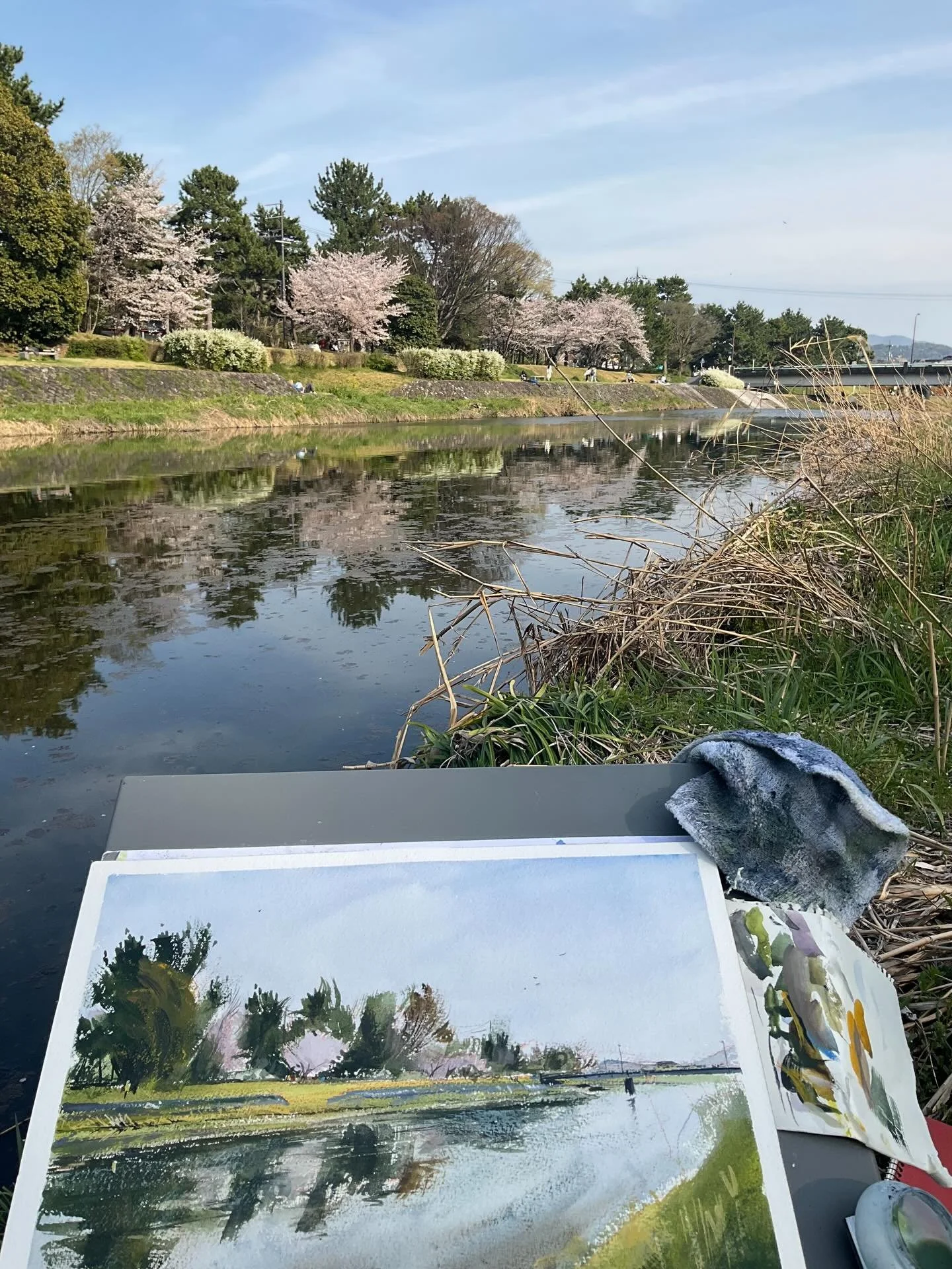 Perfect weather for it in Kyoto.
A couple of today&rsquo;s highlights were (1) chatting with a 93-year-old Japanese chap about painting and what Kyoto used to be like and (2) a gaggle of ecstatic kindergarten kids swarming my easel/me before their te