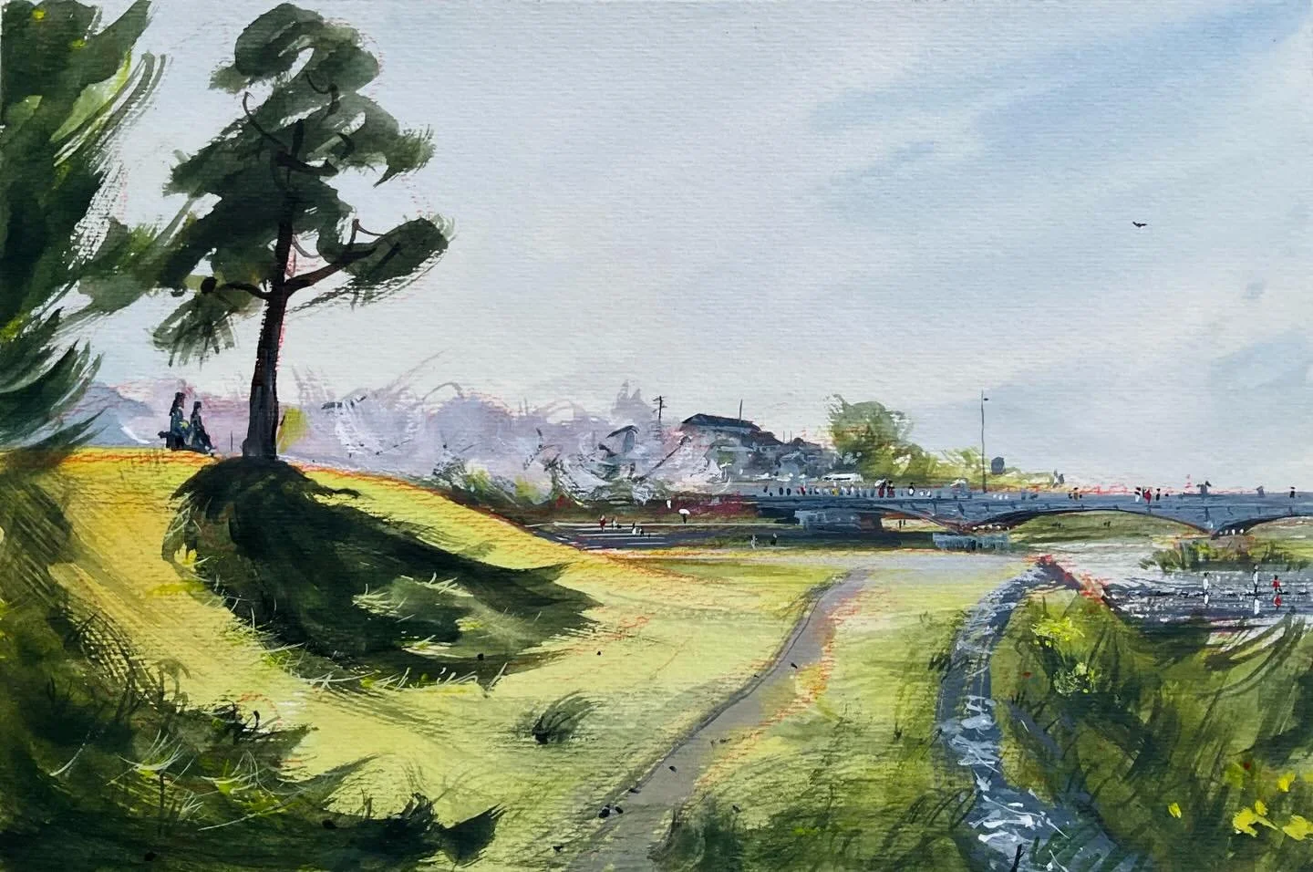 Sketch of Demachiyanagi in Kyoto and perhaps the last of this year&rsquo;s cherry blossom
There were several chatty Taiwanese and Hong Kong tourists around. One of the Japanese women sat on the hill on the left said she&rsquo;s moving to the US soon 