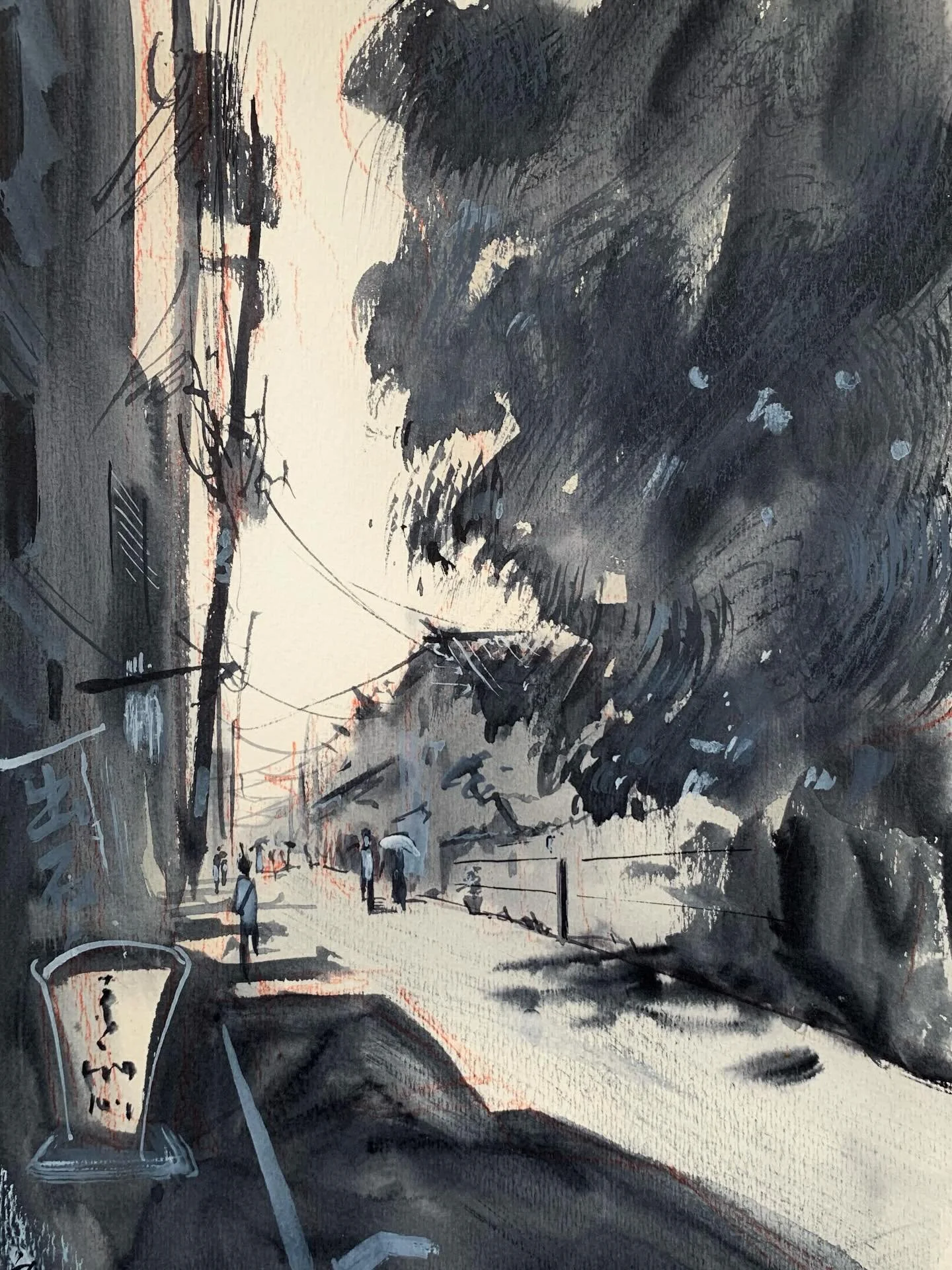 Sketch of a street south of Kyoto&rsquo;s Imperial Palace grounds when the sun was high. Massive citrus fruits in the trees, cat&rsquo;s cradle of wires above, calligraphy shops aplenty &mdash; what&rsquo;s not to like?
Had a most enjoyable time pain