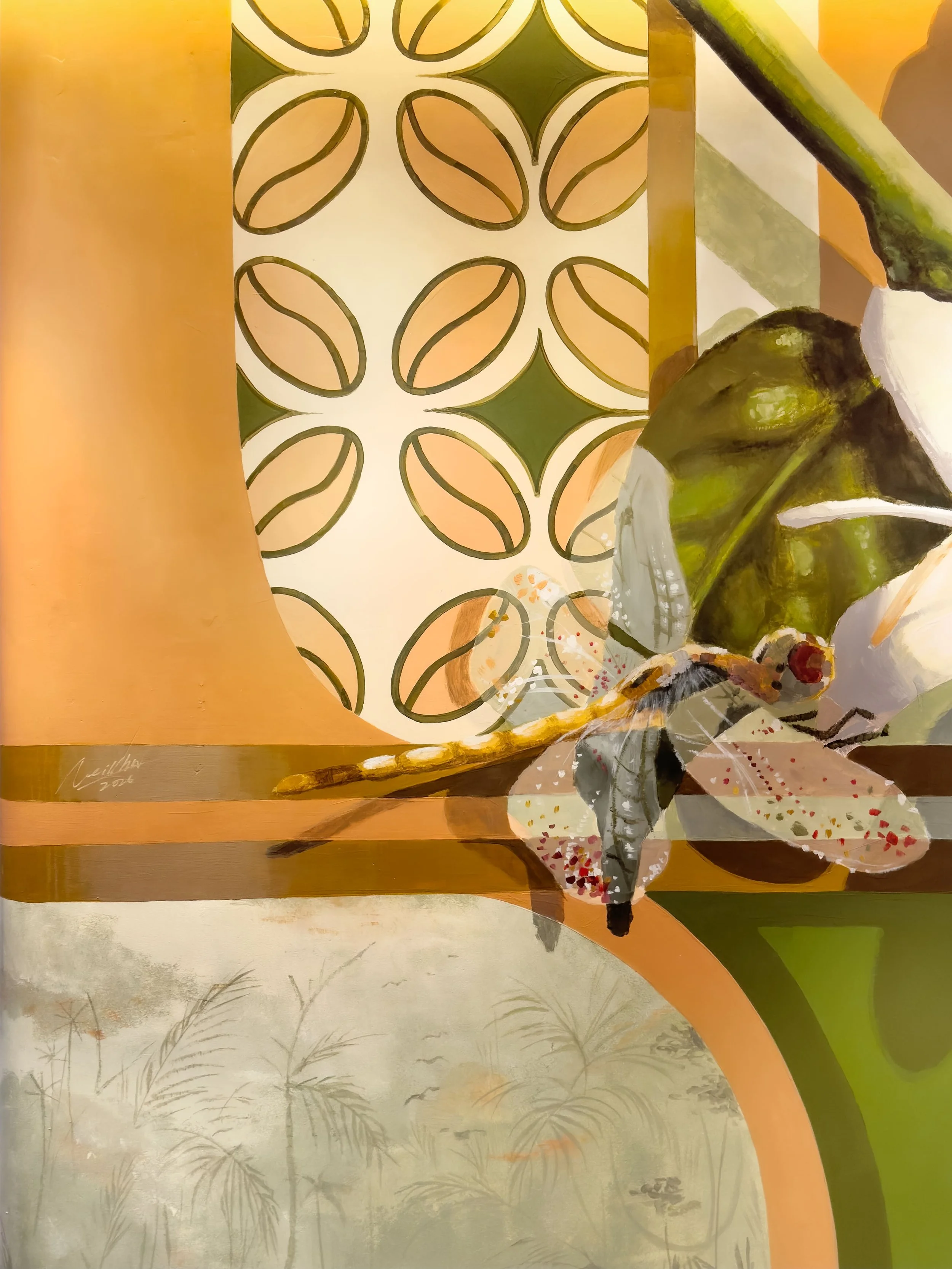 Mural painted by Neil Wang for Starbucks Reverse Landmark Central Hong Kong, a close up photo capturing the brushstroke details of coffee plants, a dragonfly with oriental coffee inspired patterns and a greenish, misty oasis landscape.