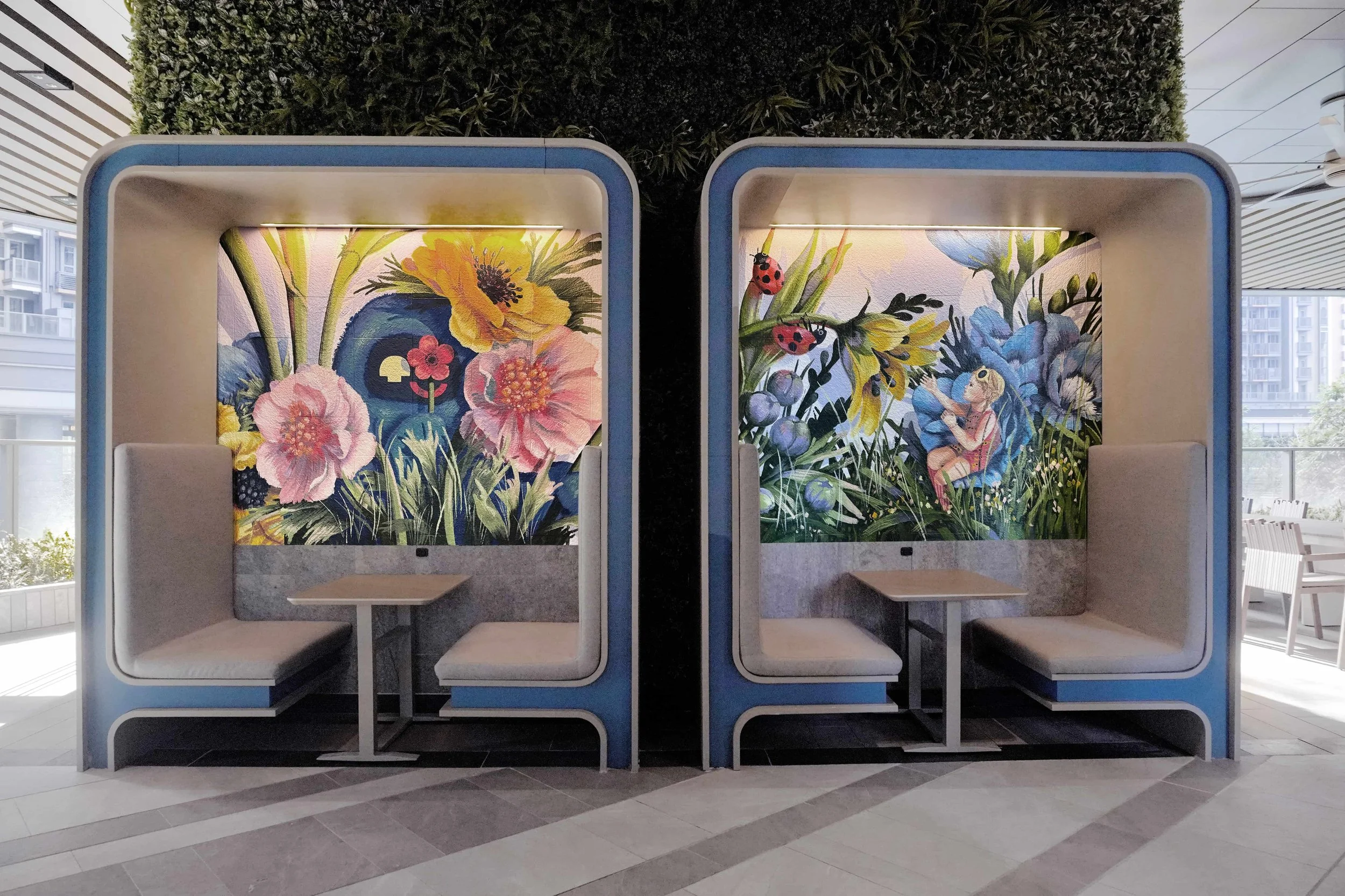 Residential estate mural created and painted by artist Neil Wang featuring plants, flowers, whimsical ladybirds, in Novoland Hong Kong by Sun Hung Kai Properties.