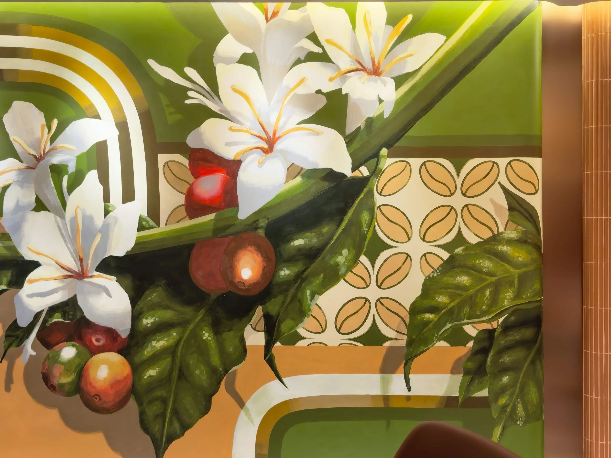 Mural painted by Neil Wang for Starbucks Reverse Landmark Central Hong Kong, a close-up photo capturing the brushstroke details of coffee plants, flowers, collaborating with oriental coffee-inspired patterns and a greenish, misty oasis landscape.