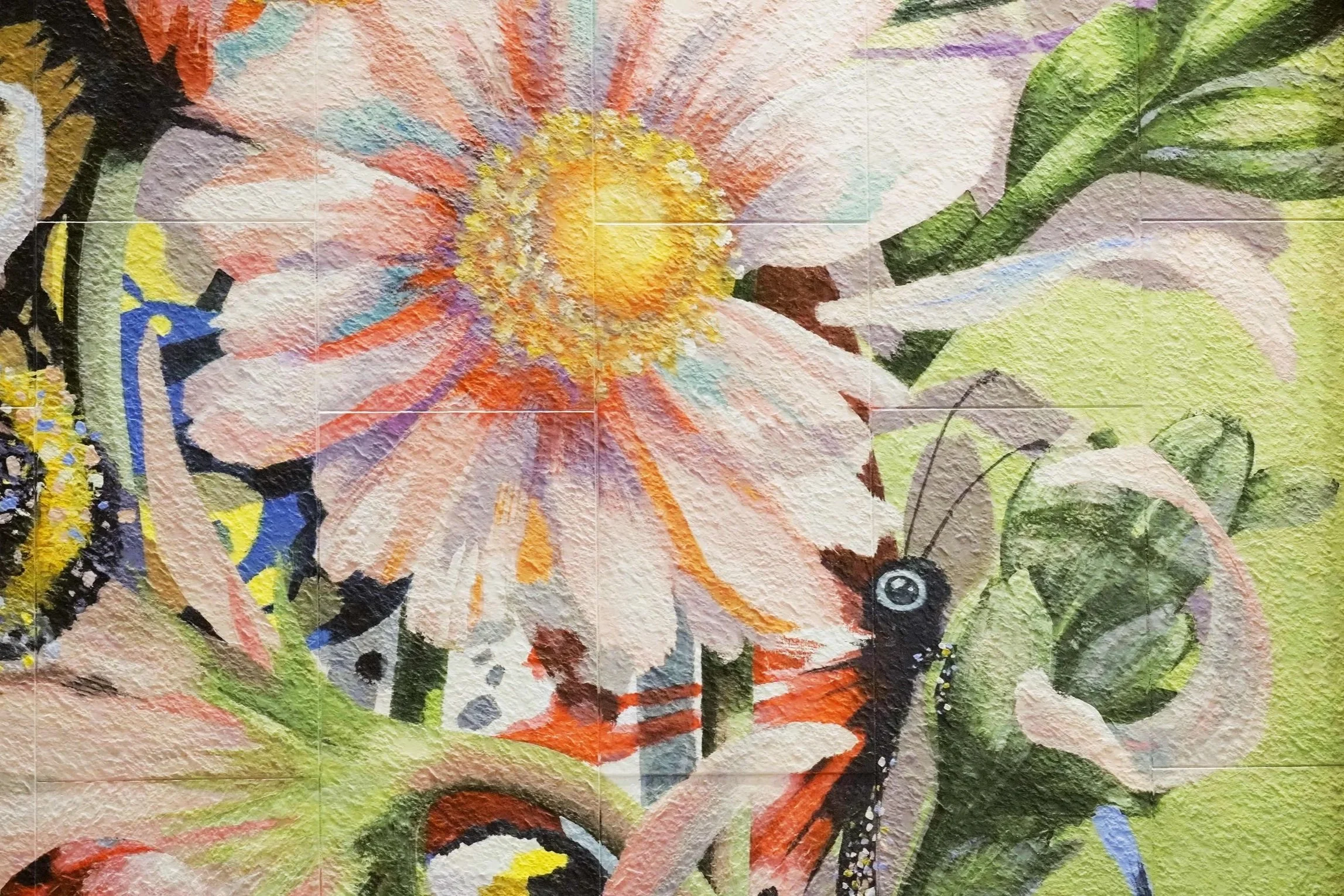 Details of a nature mural created and painted by artist Neil Wang, a close-up capturing, enlarged beauty of butterflies and floral details, a wall painting in Novoland Hong Kong by Sun Hung Kai Properties.