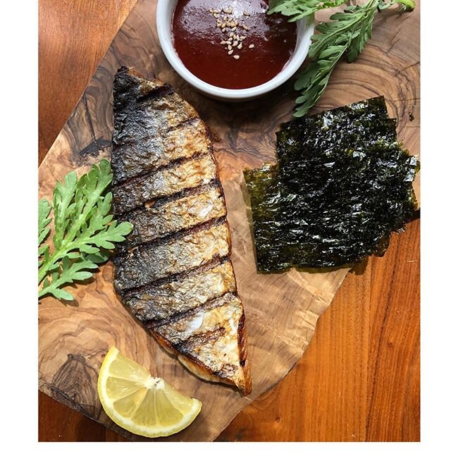 Fresh catch of the day, grilled mackerel available now for delivery and pickup. Check link in our bio for our expanded daily menu. Please email your order to haenyeobk.com