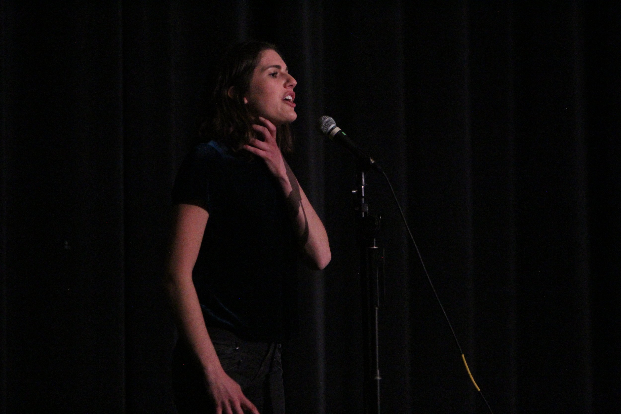  Senior Hannah Lovell preforms her original poem at the second annual slam poetry contest.&nbsp; 