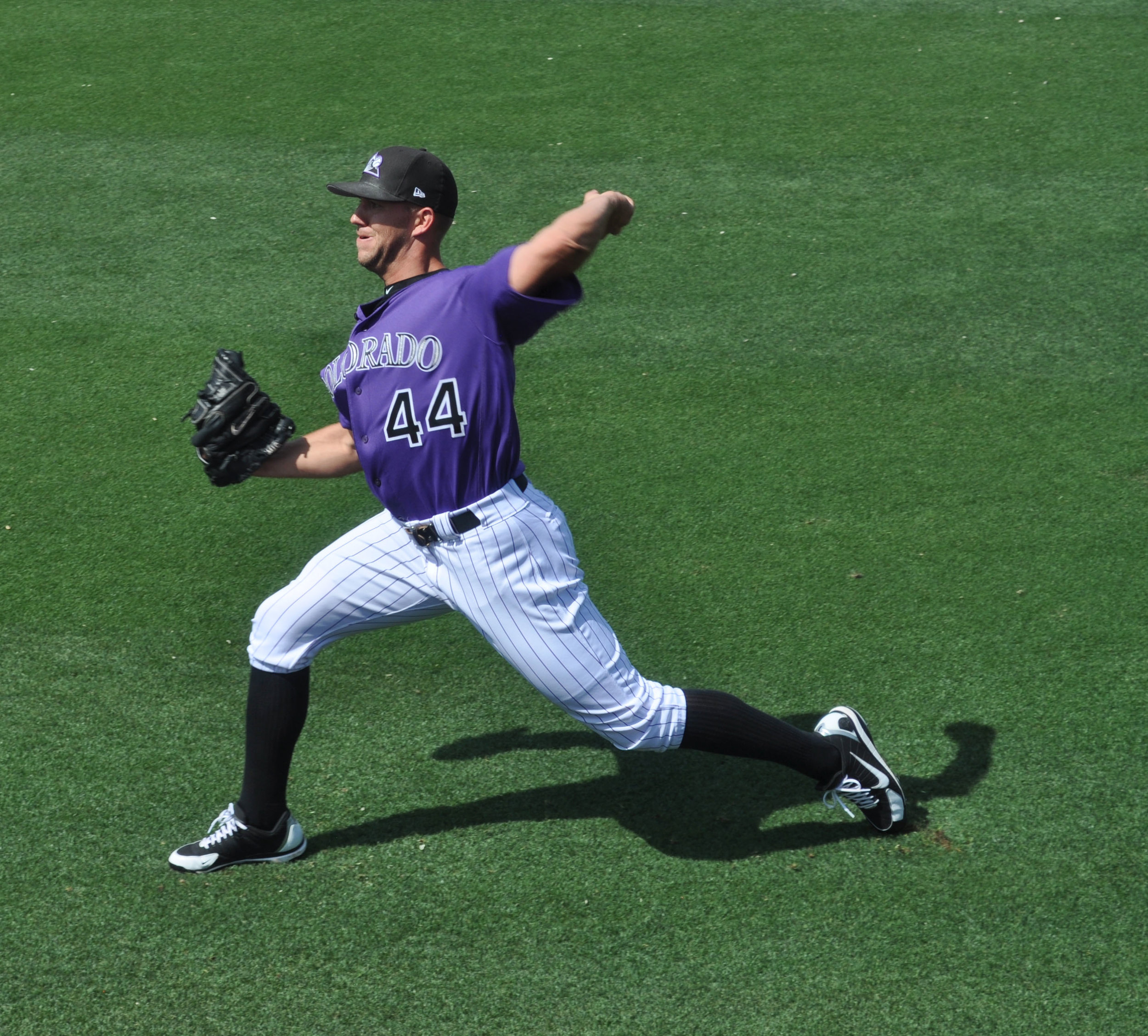 Colorado Rockies pitcher, Tyler Anderson, warms up before a preseason game against the Chicago Cubs. 