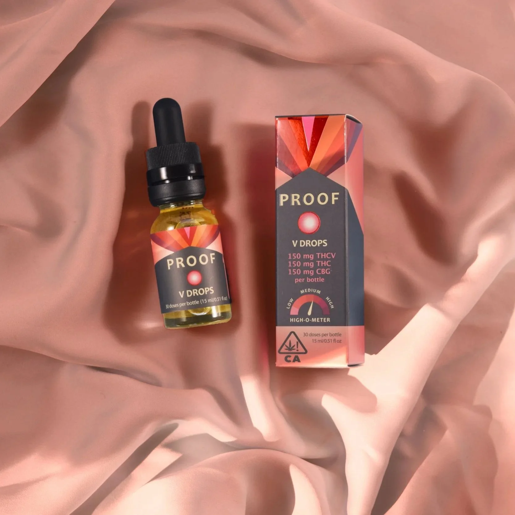 Proof's THC V Drops in bedsheets