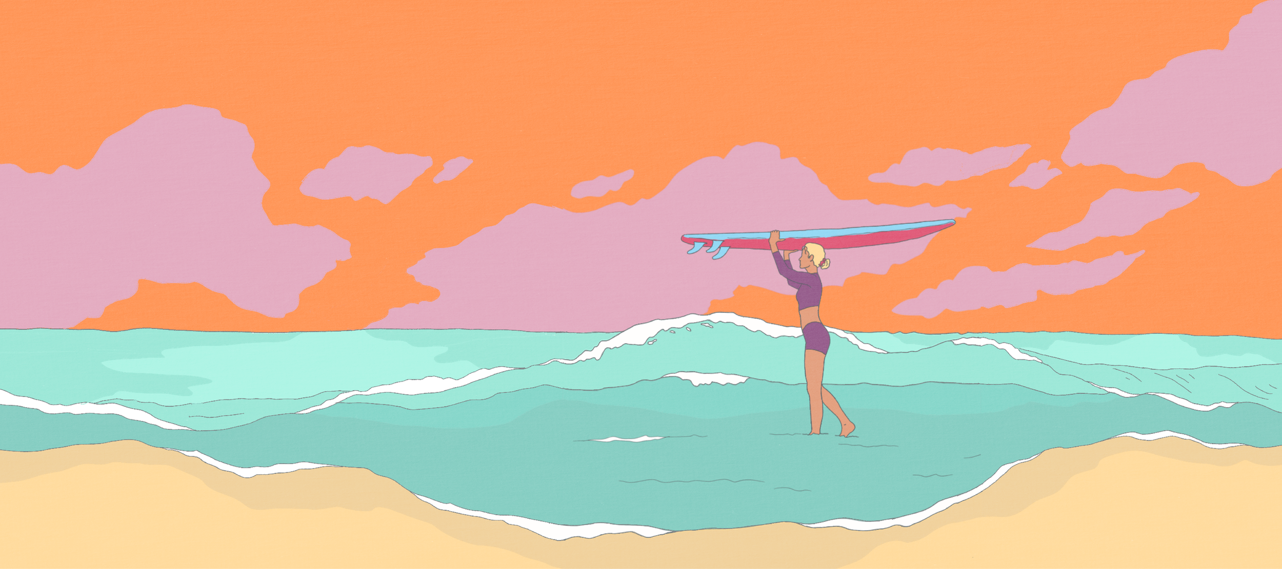 Illustration of a woman walking into surf with a board at sunset