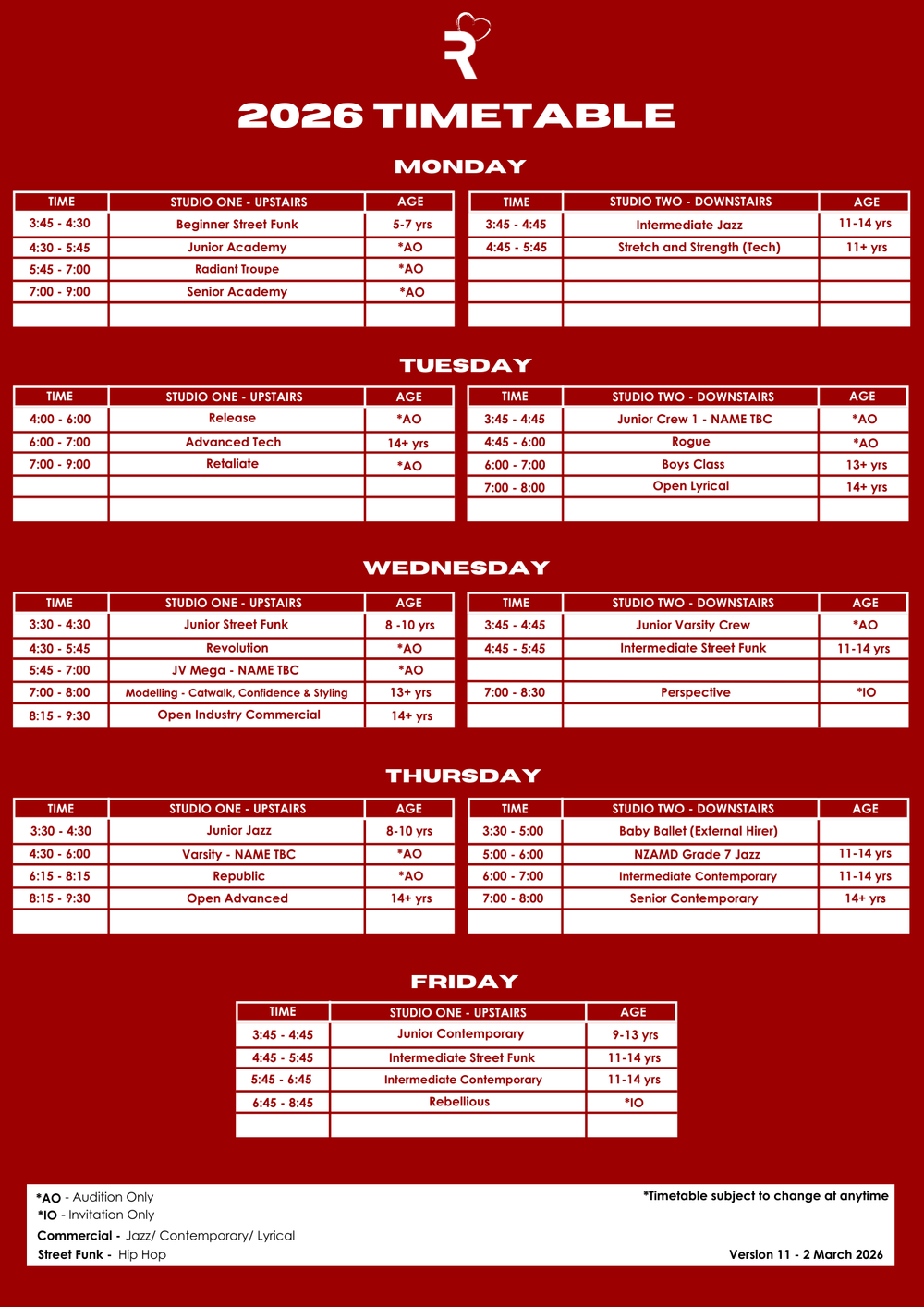Timetable — Red Studio
