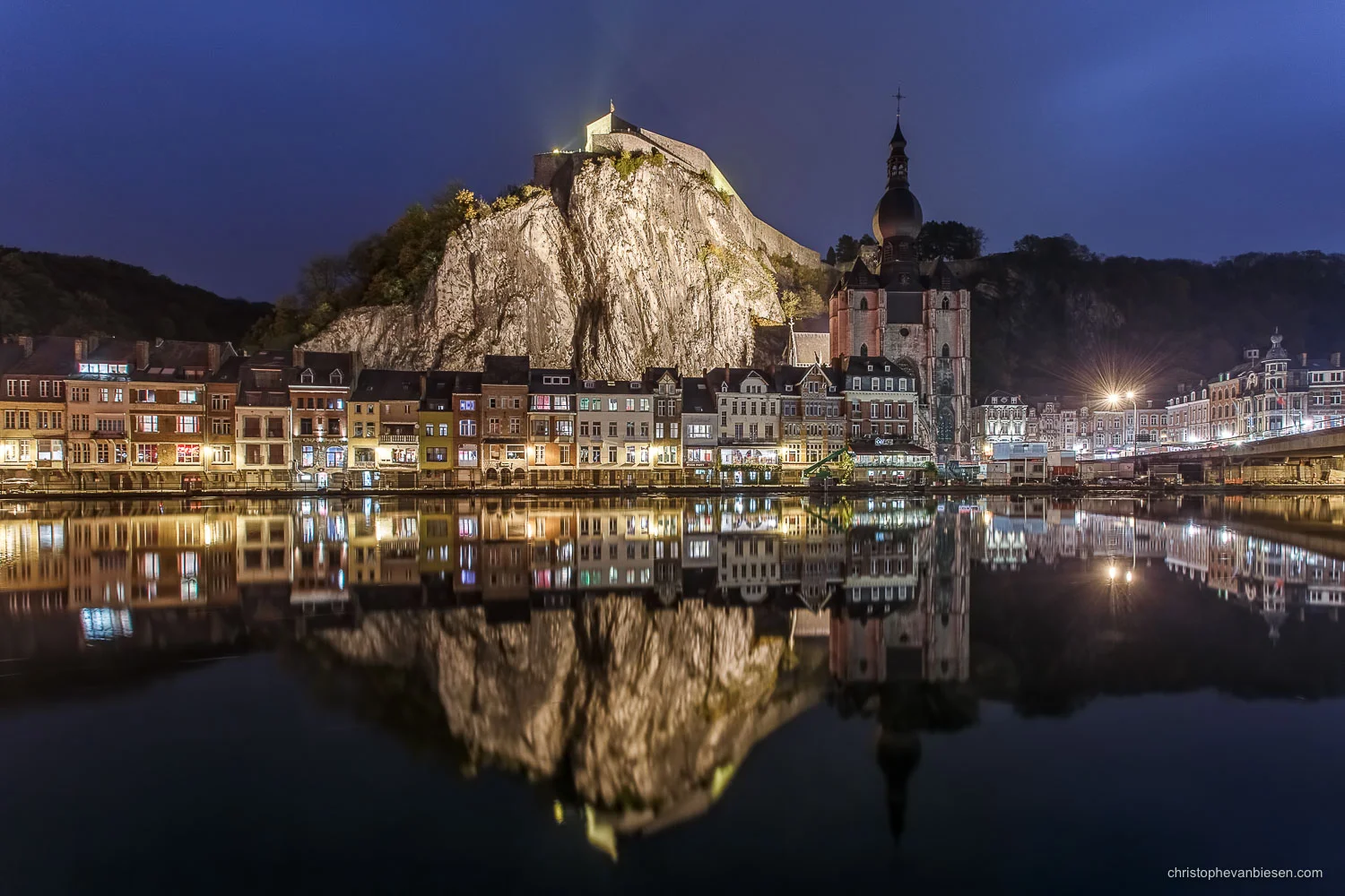 Dinant - Belgium - Dinant, Belgium, by night, with it's citadel and church reflected in the Meuse river - Dinant by Night