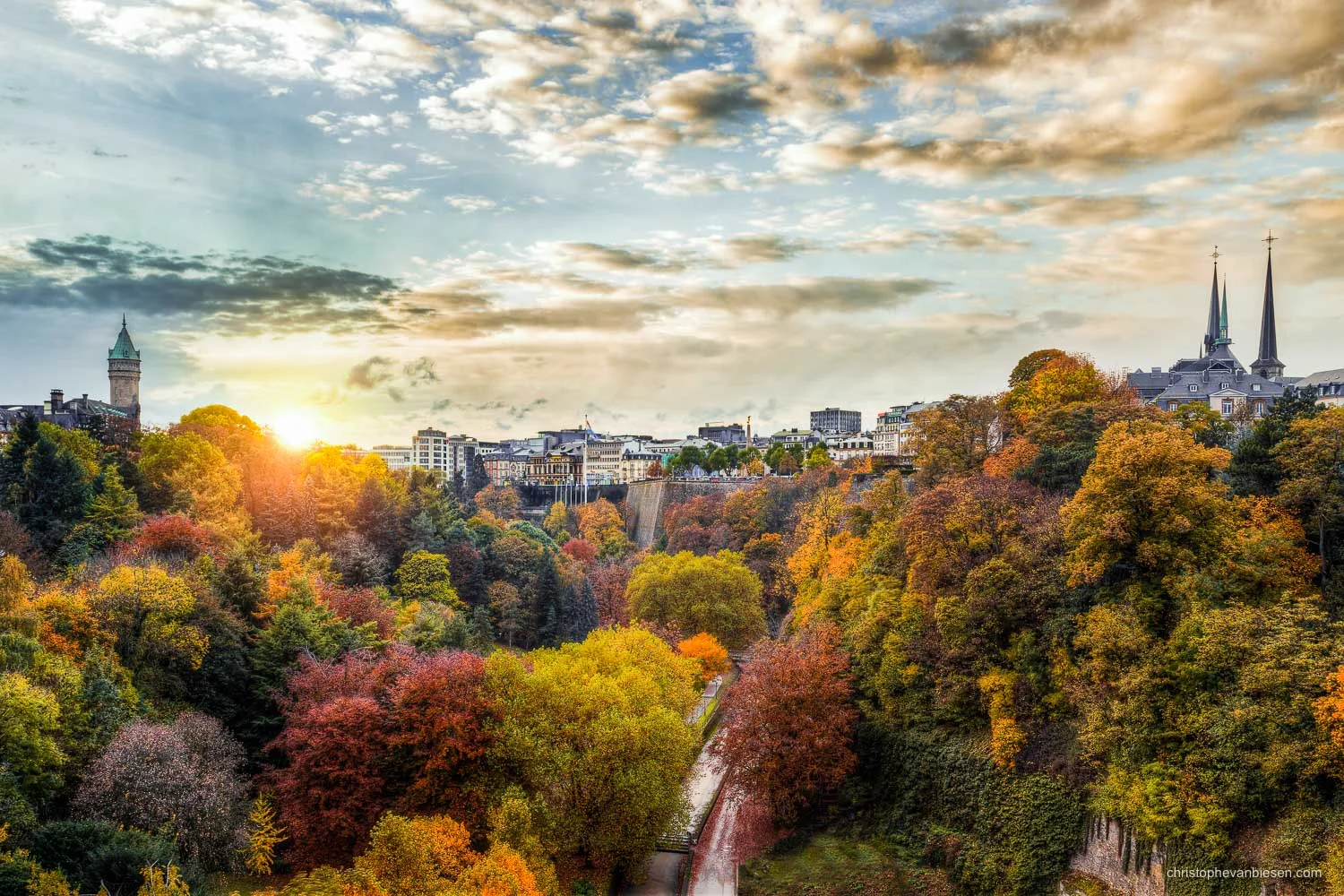 Autumn view over the Petrusse valley with the BCEE tower and the rooftops of the Notre-Dame Cathedral in Luxembourg City
