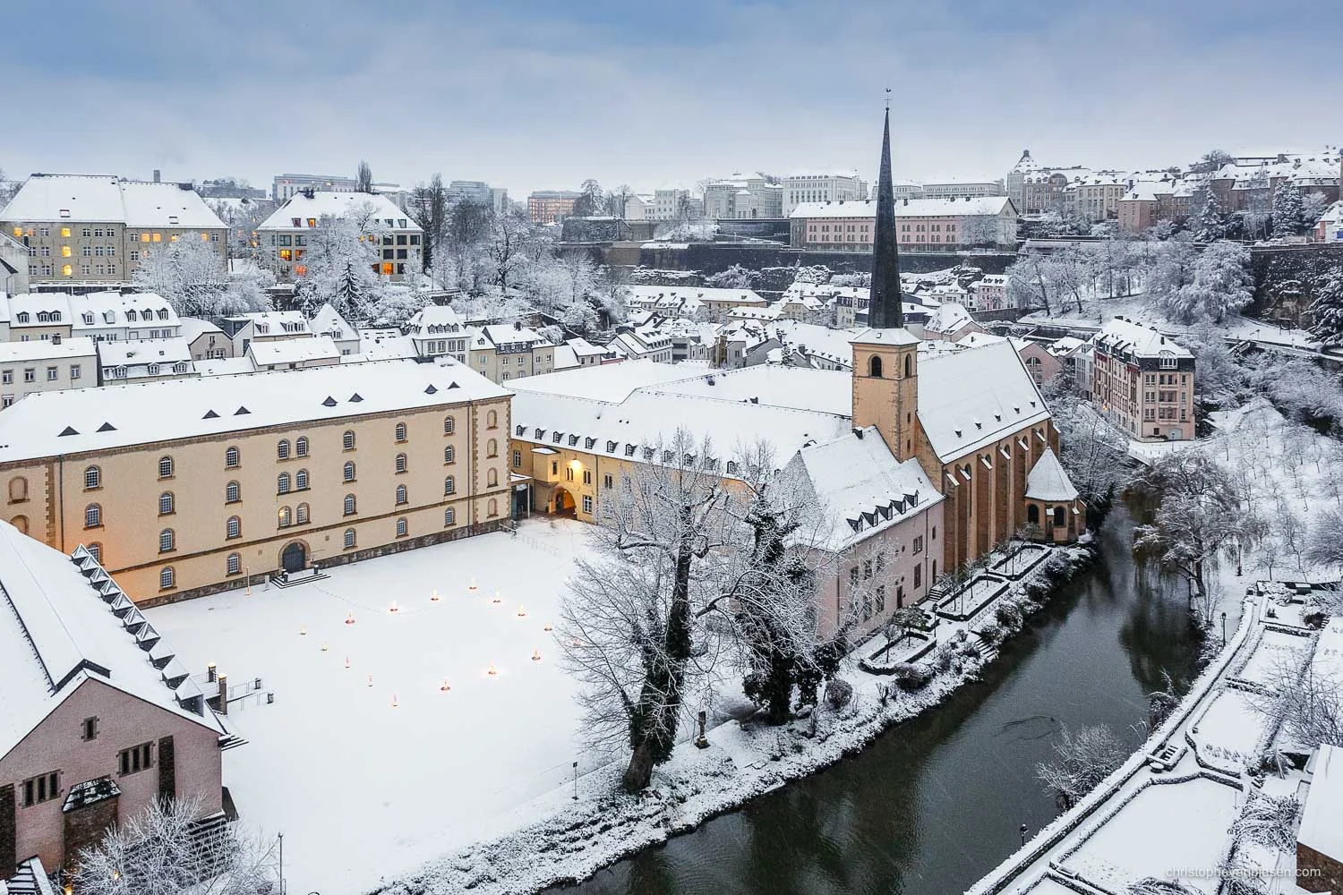 Luxembourg's Grund with its Abbey of Neumunster on a Winter morning with snow