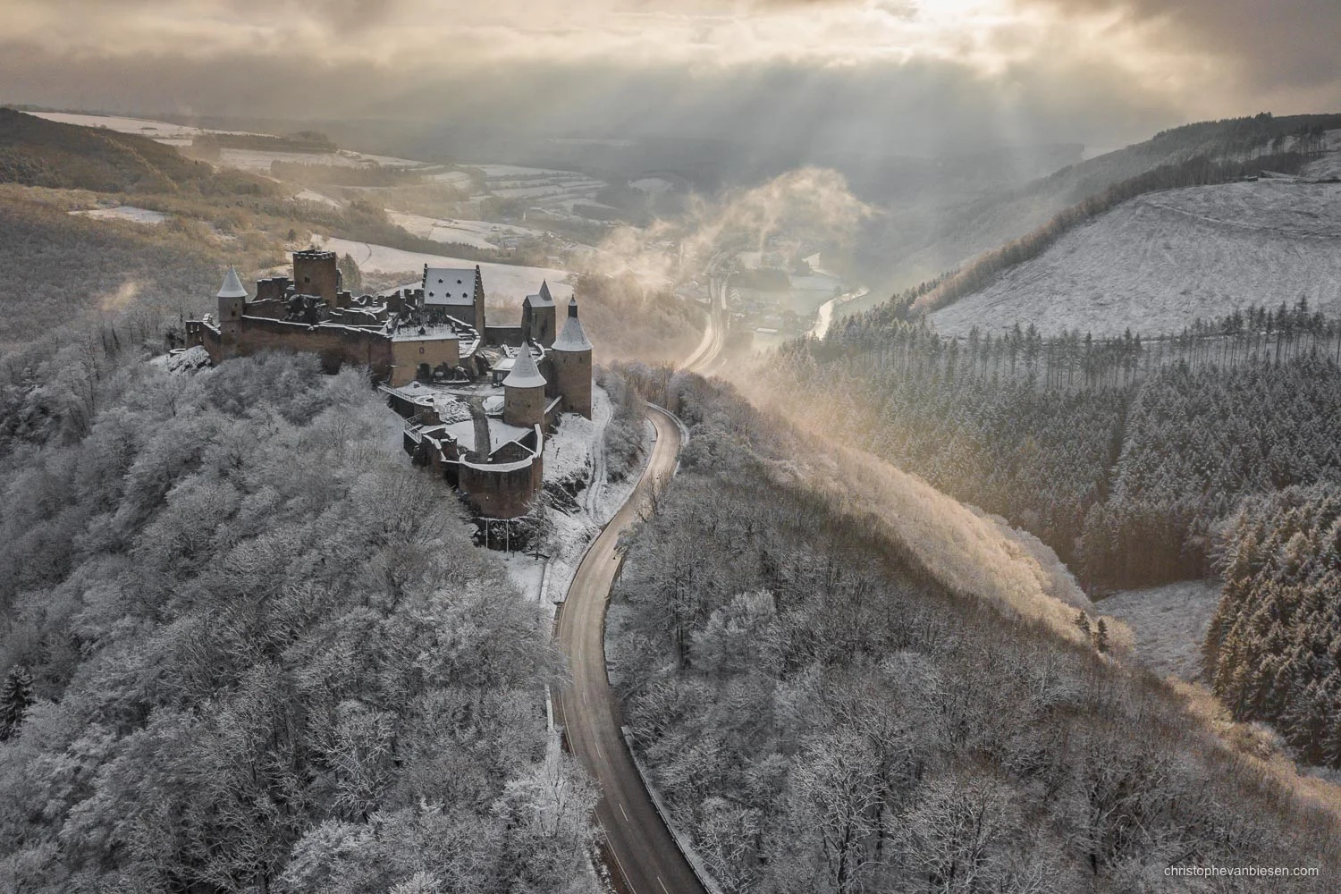 Bourscheid castle in the Grand-Duchy of Luxembourg during winter